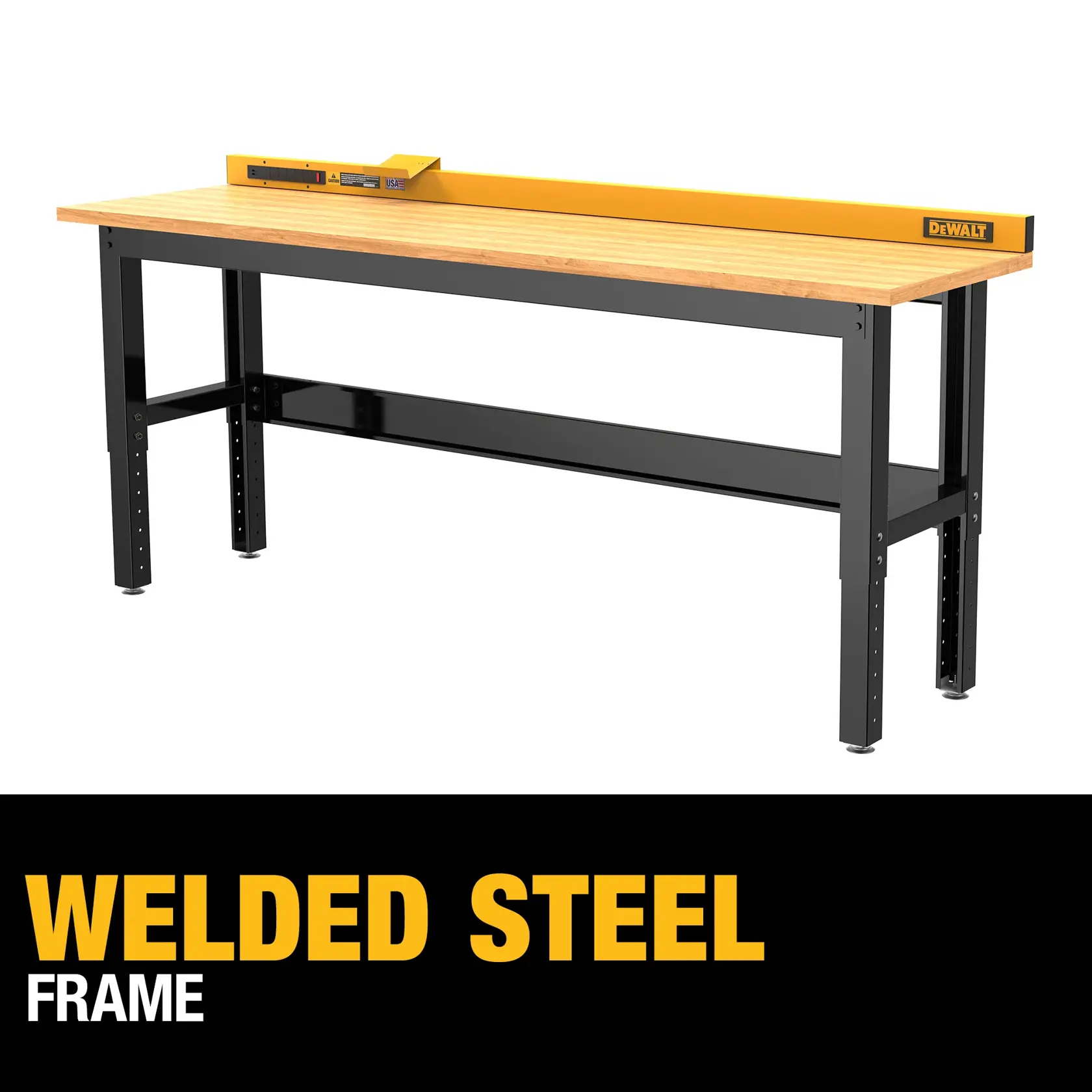 A DEWALT workbench with a wooden top and black welded steel frame, featuring a yellow DEWALT-branded measuring tool on the tabletop. The text 'Welded Steel Frame' is prominently displayed in yellow and white at the bottom of the image.