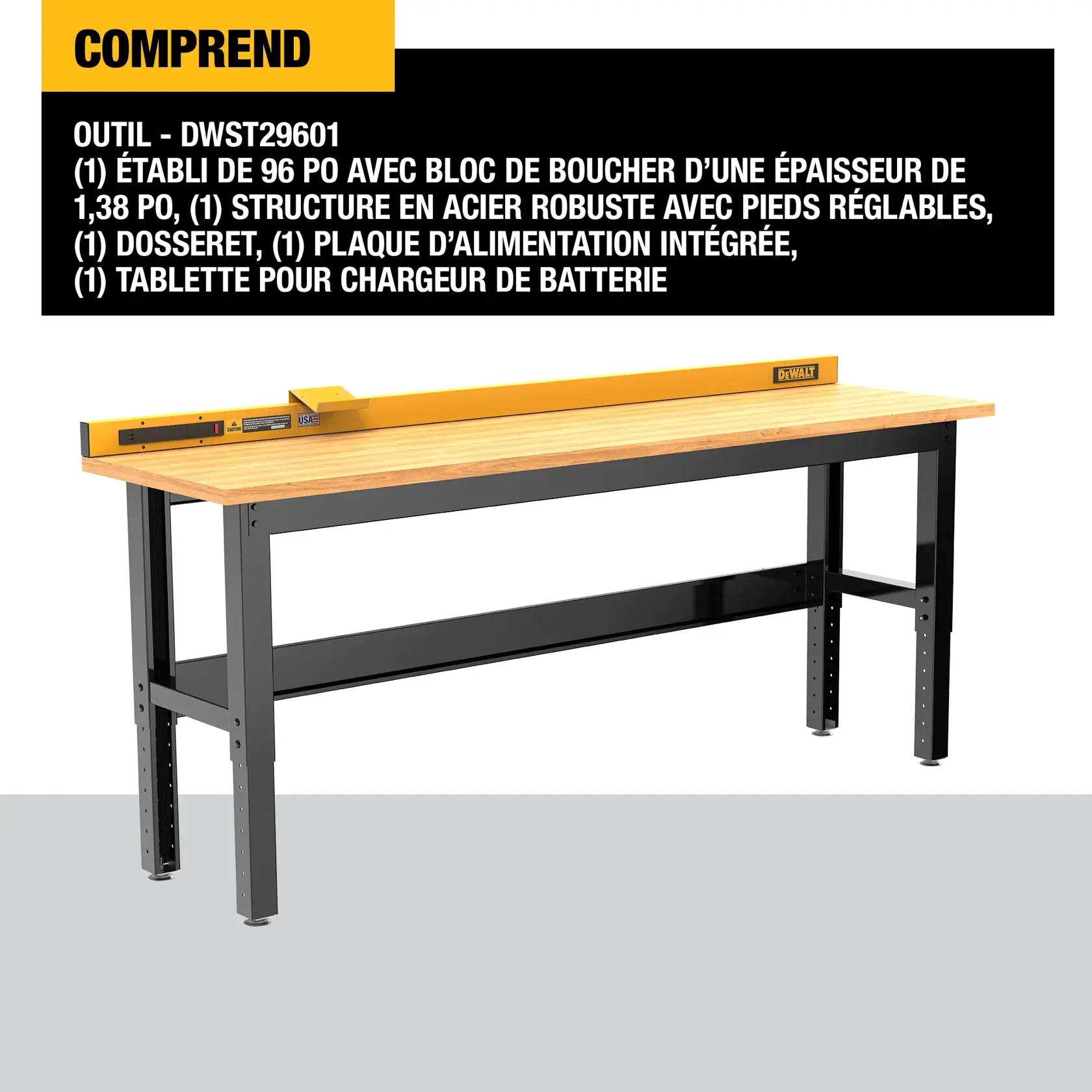 DEWALT DWST29601 workbench with a 96-inch wide, 1.38-inch thick butcher block worksurface, heavy-duty steel frame with adjustable legs, yellow backsplash, integrated power strip, and a battery charger shelf. Text describes included features.