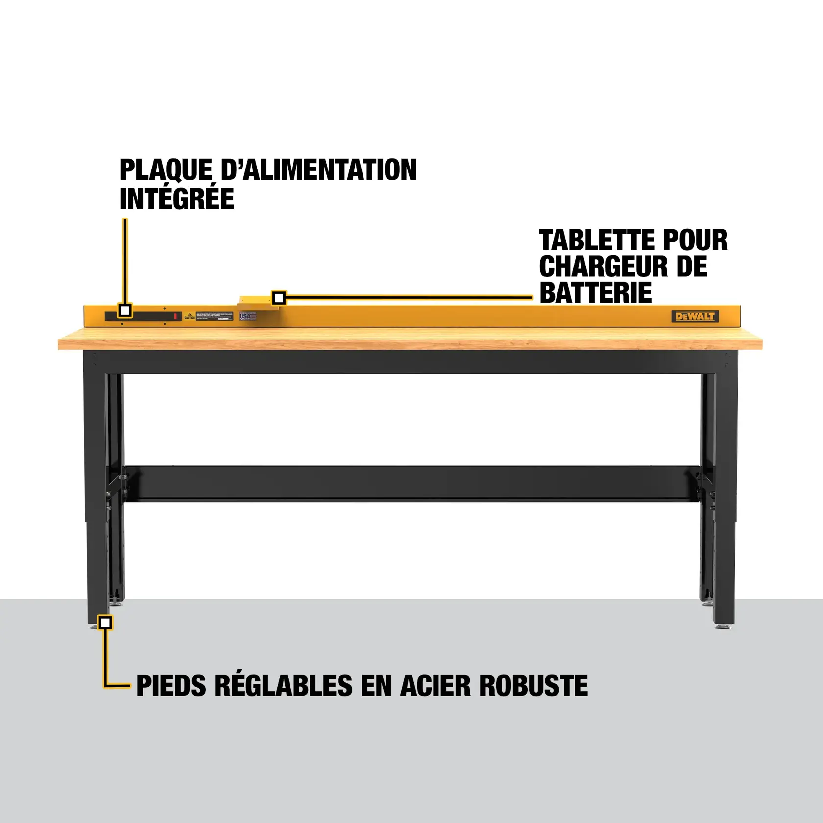 Front view of a DEWALT workbench showing an integrated power strip, a battery charger shelf, and adjustable steel legs. The workbench has a wooden top and black metal frame, with labels pointing to each key feature.