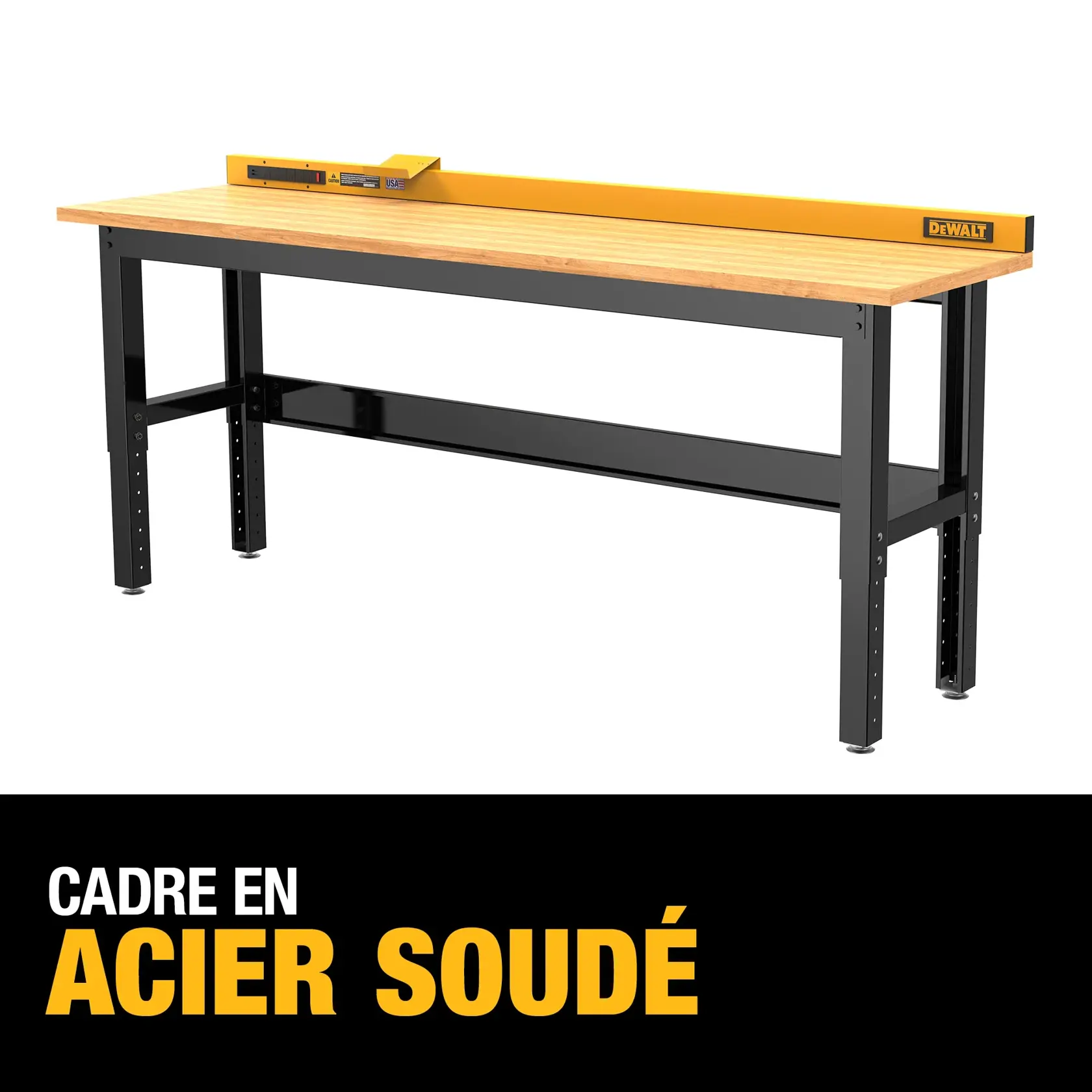 A DEWALT workbench with a wooden top and black welded steel frame, featuring a yellow DEWALT-branded measuring tool on the tabletop. The text 'Welded Steel Frame' is prominently displayed in yellow and white at the bottom of the image.