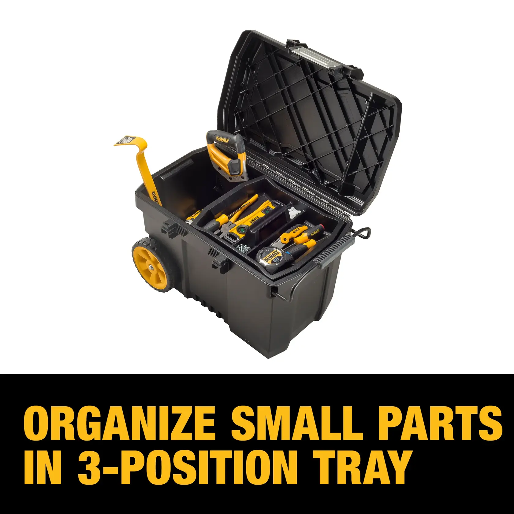 A black DEWALT rolling tool box with an open lid showing various yellow and black tools organized in a 3-position tray. Text below reads: 'Organize small parts in 3-position tray.'