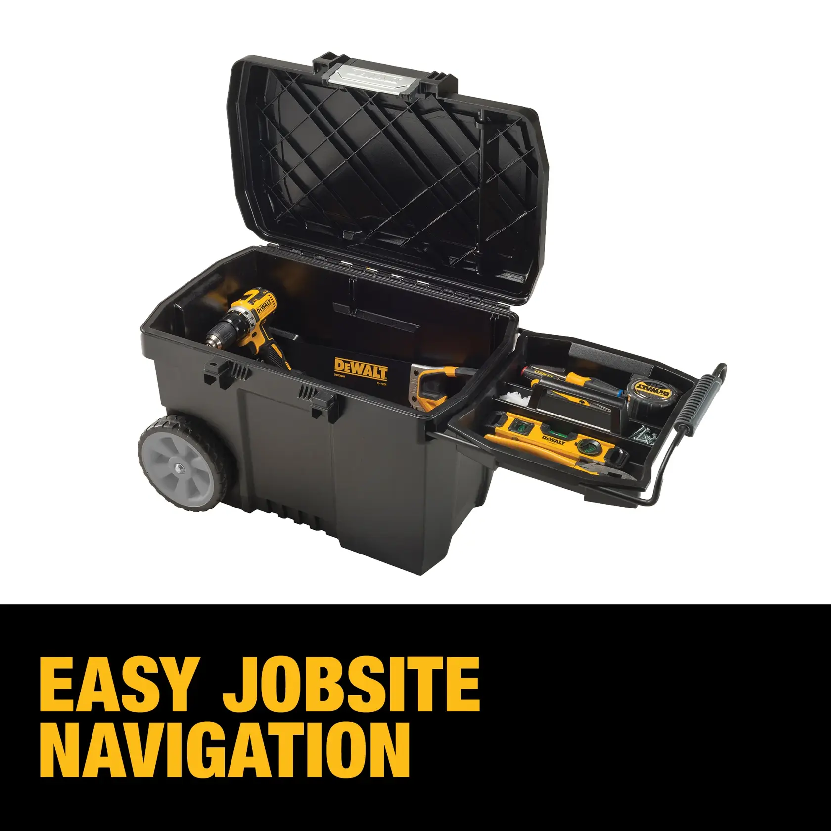 A DEWALT rolling tool box with an open lid, displaying organized power tools and accessories inside. The toolbox has large wheels and a handle for easy transport. Text reads 'EASY JOBSITE NAVIGATION' in yellow and black.