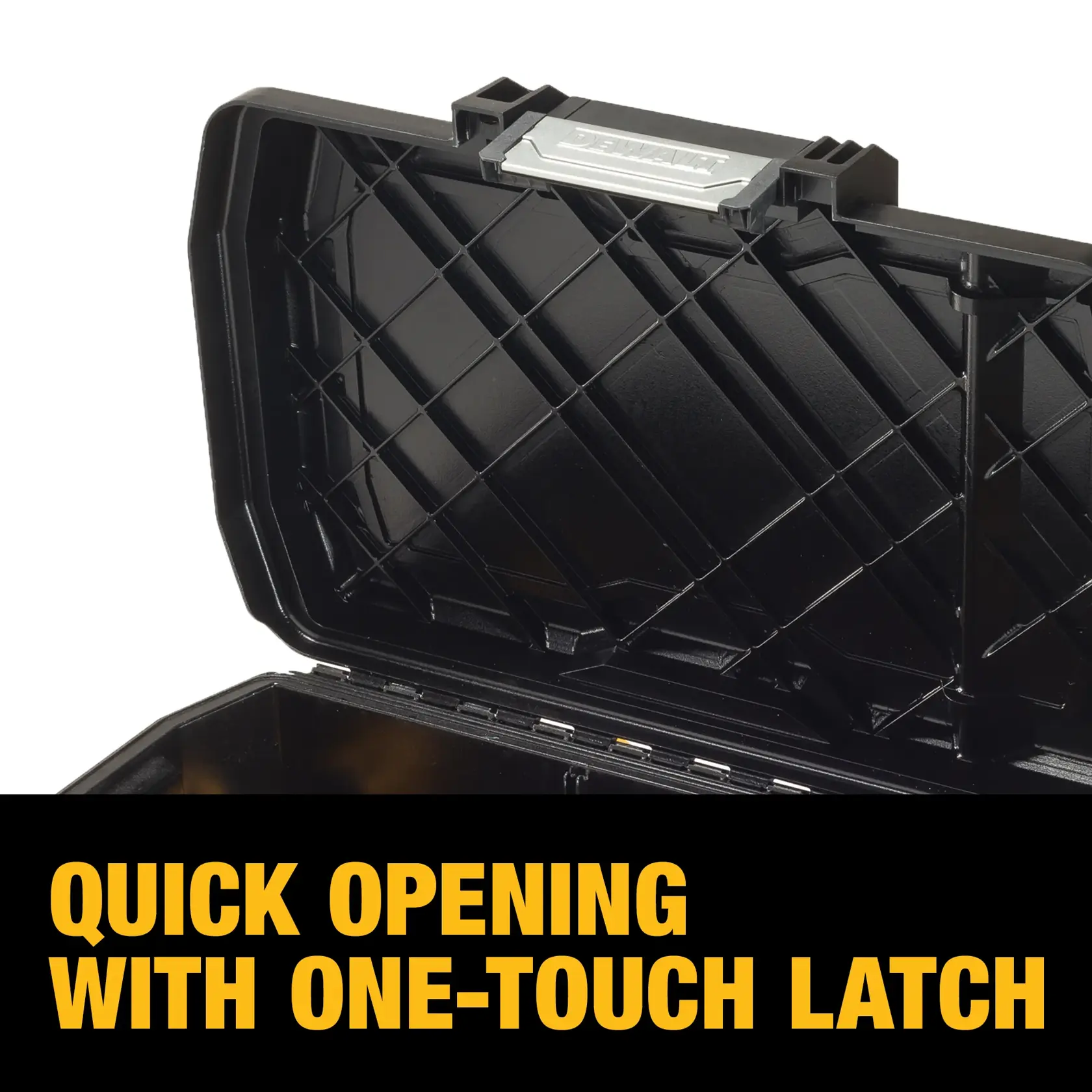 Close-up view of a DEWALT tool box with its lid open, showing a metal latch designed for quick, one-touch opening. Text on the image reads: 'QUICK OPENING WITH ONE-TOUCH LATCH.'