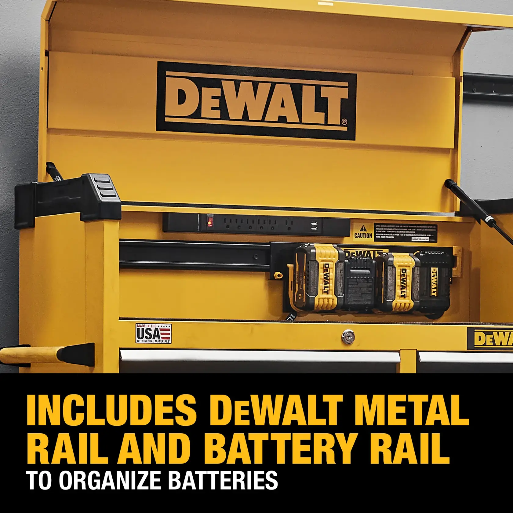 A yellow DEWALT tool storage cabinet with an open top lid, featuring a metal rail and battery rail used to organize DEWALT batteries. Text on the image highlights that the product includes a metal rail and battery rail to organize batteries.