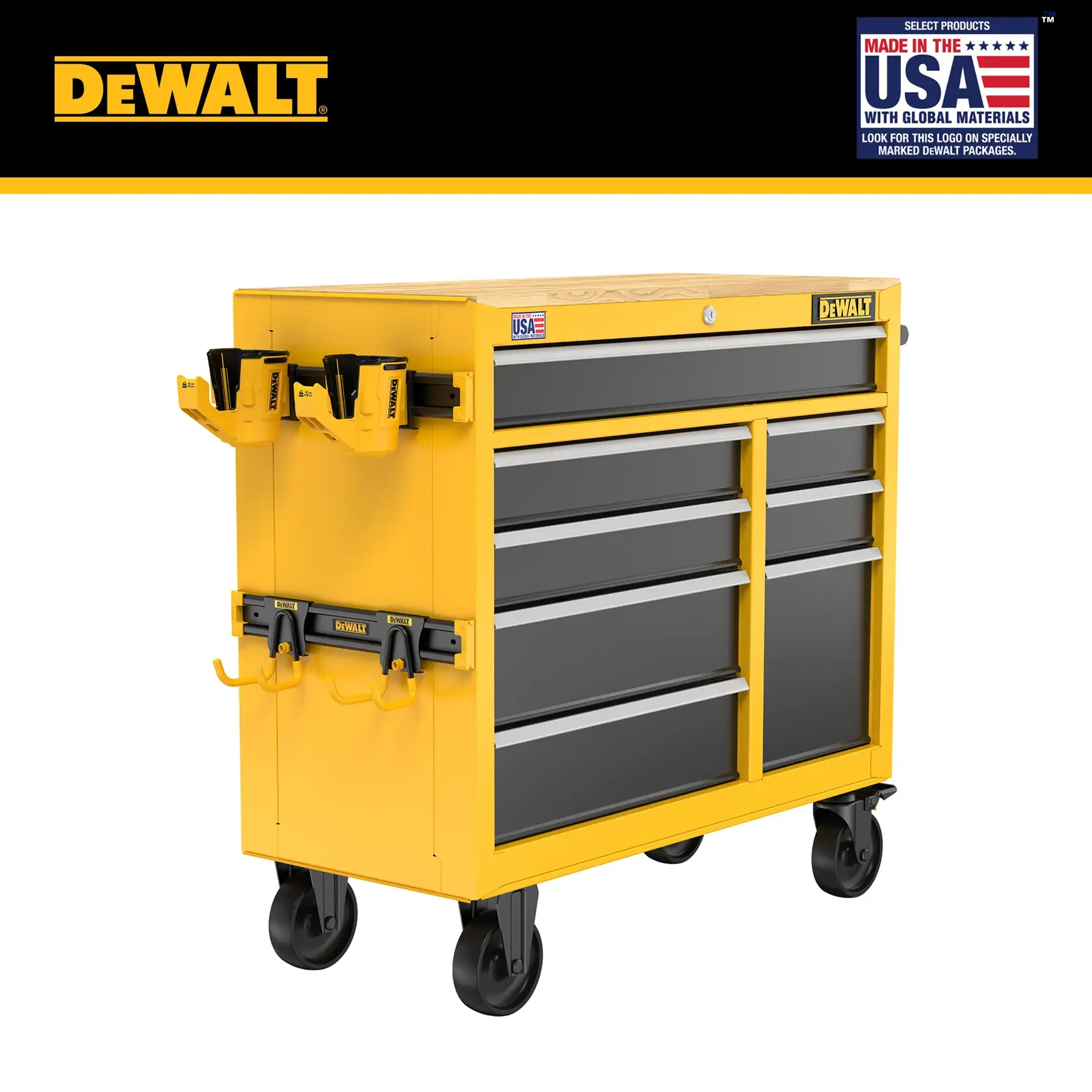DEWALT yellow and black rolling tool chest with multiple drawers and tool holders attached to the side, featuring 'Made in the USA with Global Materials' signage.