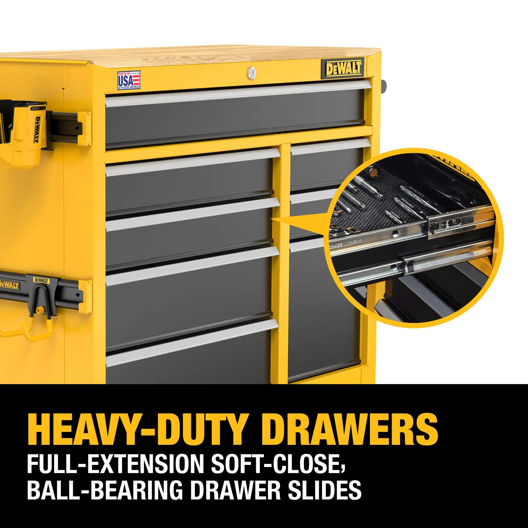 Image of a yellow and black DEWALT tool chest with heavy-duty drawers. There is a close-up view of the ball-bearing drawer slides, emphasizing full-extension soft-close features. The chest has a DEWALT logo and USA flag sticker.