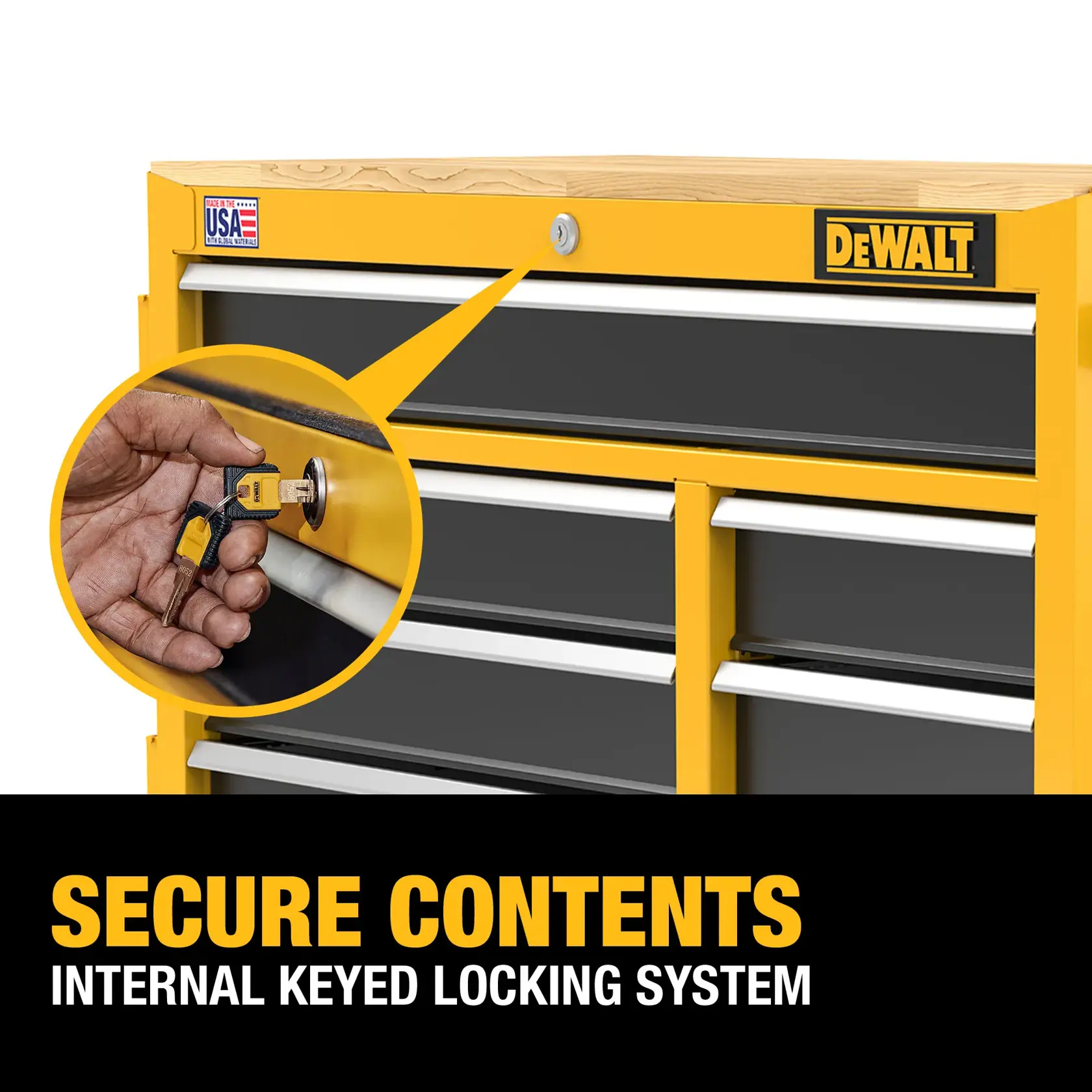 Yellow DEWALT tool chest with several drawers and a keyed lock system, showing a close-up of a hand using a key to lock or unlock the chest. Text highlights 'Secure Contents: Internal Keyed Locking System.'