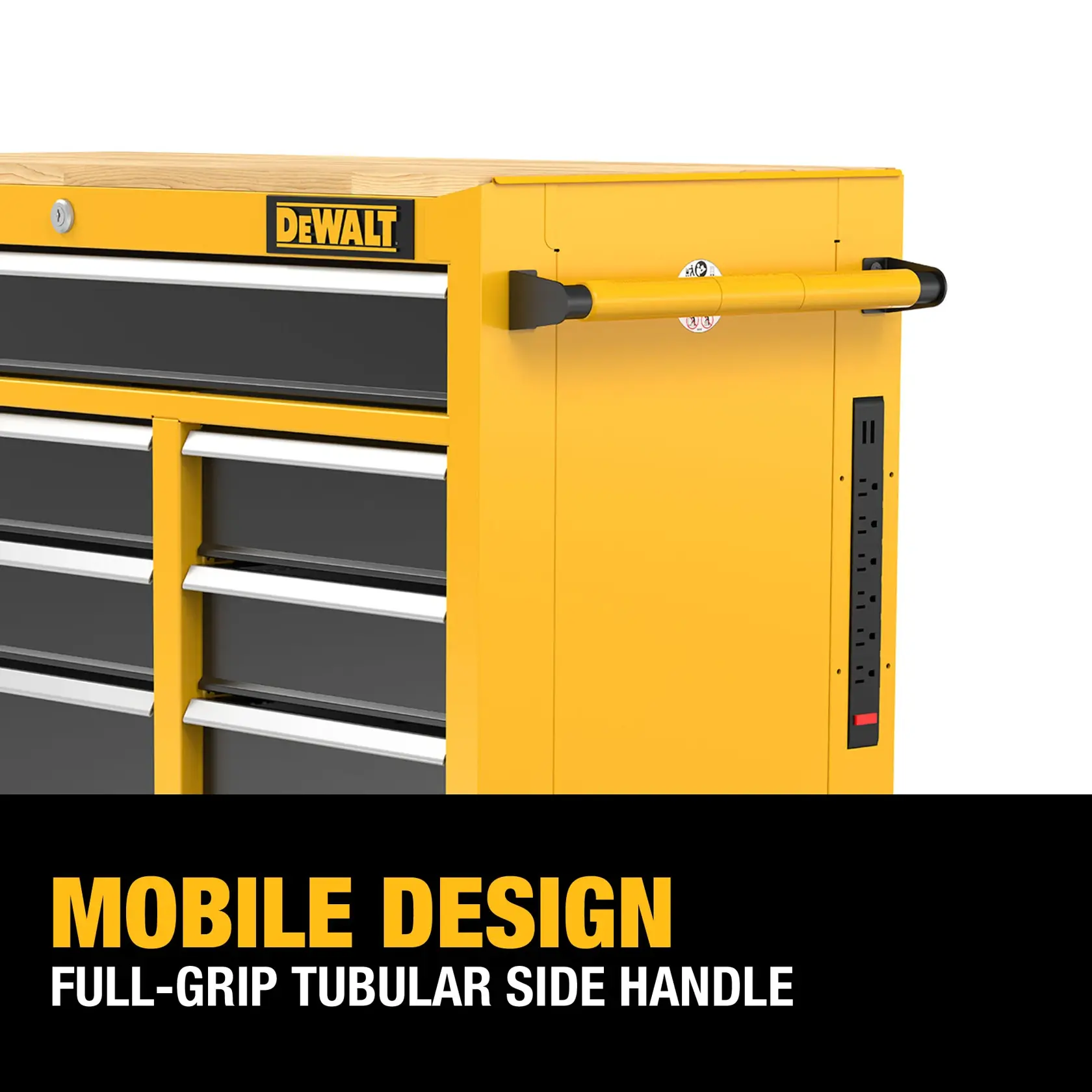 Close-up view of a yellow DEWALT tool chest featuring multiple drawers, a full-grip tubular side handle for mobility, and an integrated power strip on the side. The image highlights the chest's mobile design with text describing 'Mobile Design Full-Grip Tubular Side Handle.'