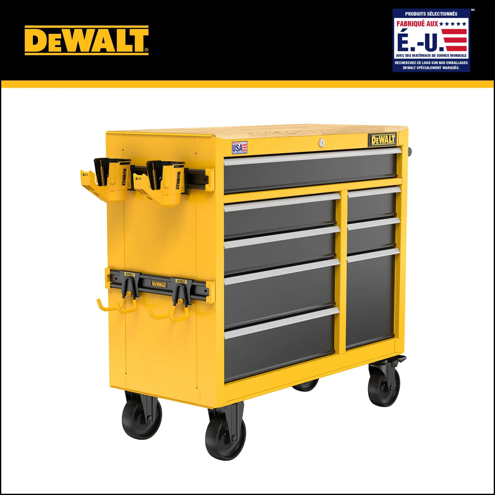 DEWALT yellow and black rolling tool chest with multiple drawers and tool holders attached to the side, featuring 'Made in the USA with Global Materials' signage.
