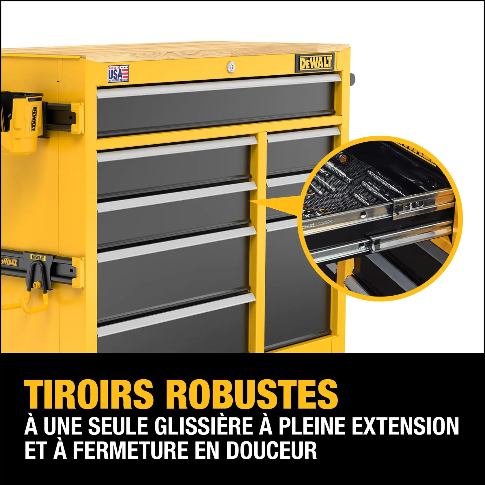 Image of a yellow and black DEWALT tool chest with heavy-duty drawers. There is a close-up view of the ball-bearing drawer slides, emphasizing full-extension soft-close features. The chest has a DEWALT logo and USA flag sticker.