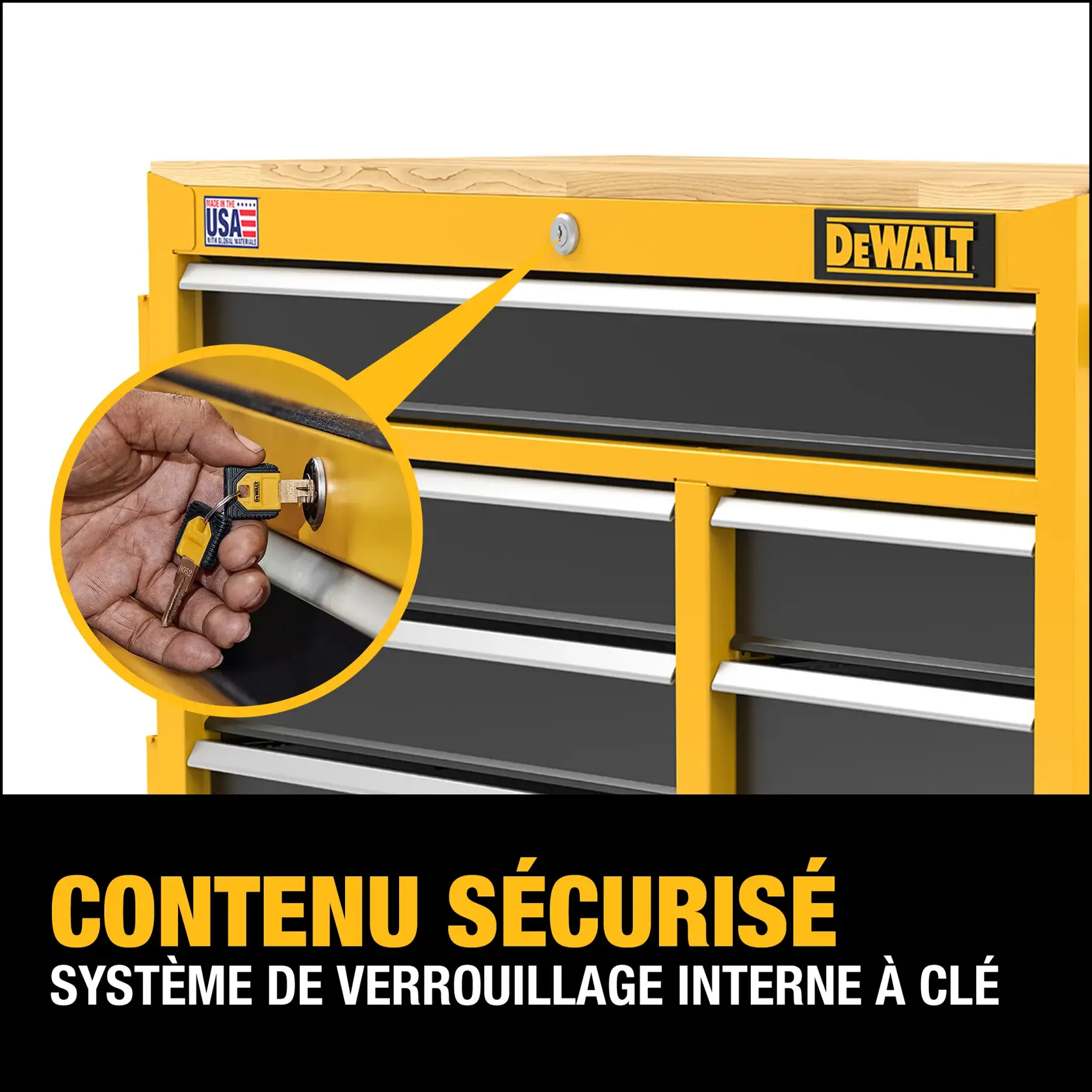 Yellow DEWALT tool chest with several drawers and a keyed lock system, showing a close-up of a hand using a key to lock or unlock the chest. Text highlights 'Secure Contents: Internal Keyed Locking System.'