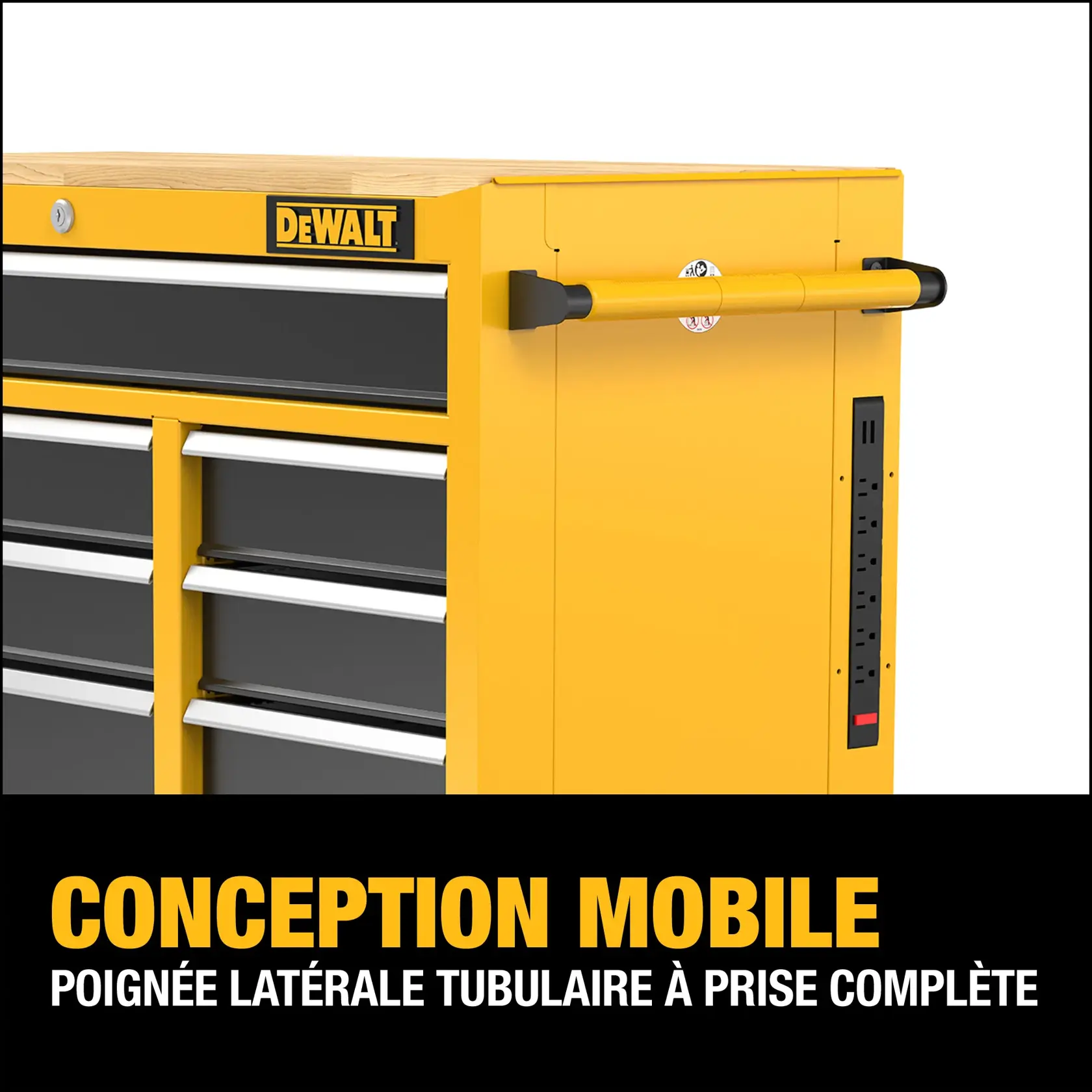 Close-up view of a yellow DEWALT tool chest featuring multiple drawers, a full-grip tubular side handle for mobility, and an integrated power strip on the side. The image highlights the chest's mobile design with text describing 'Mobile Design Full-Grip Tubular Side Handle.'