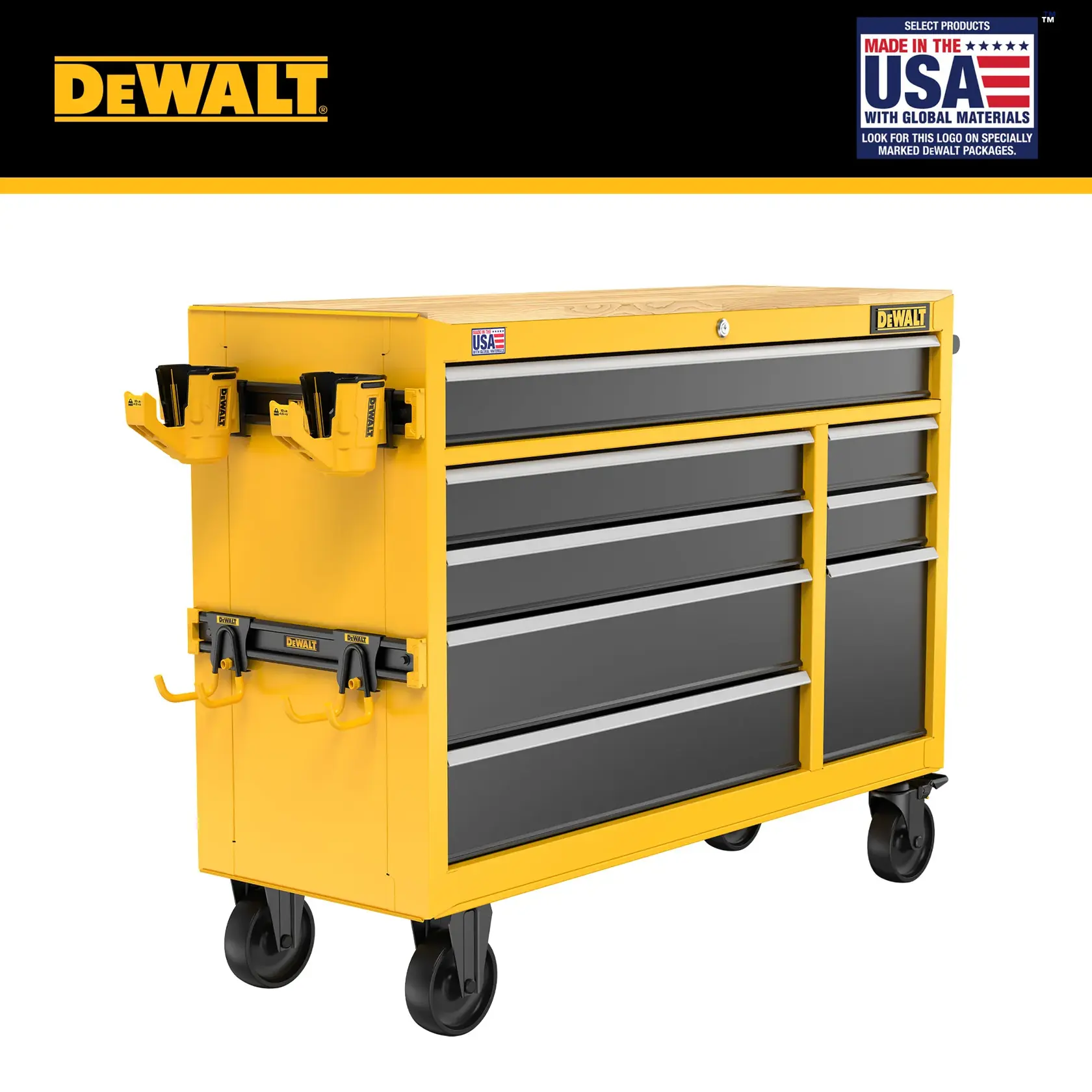 DEWALT yellow and black rolling tool chest with multiple drawers, tool holders, and hooks on the side. The chest has four wheels for mobility and a logo indicating it is made in the USA with global materials.