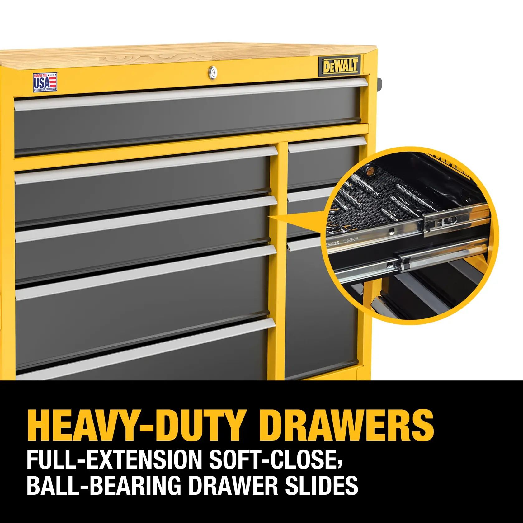 Image of a DEWALT heavy-duty tool chest with multiple gray drawers and a yellow frame. A close-up inset shows the full-extension soft-close, ball-bearing drawer slides. Text highlights the features of the heavy-duty drawers.