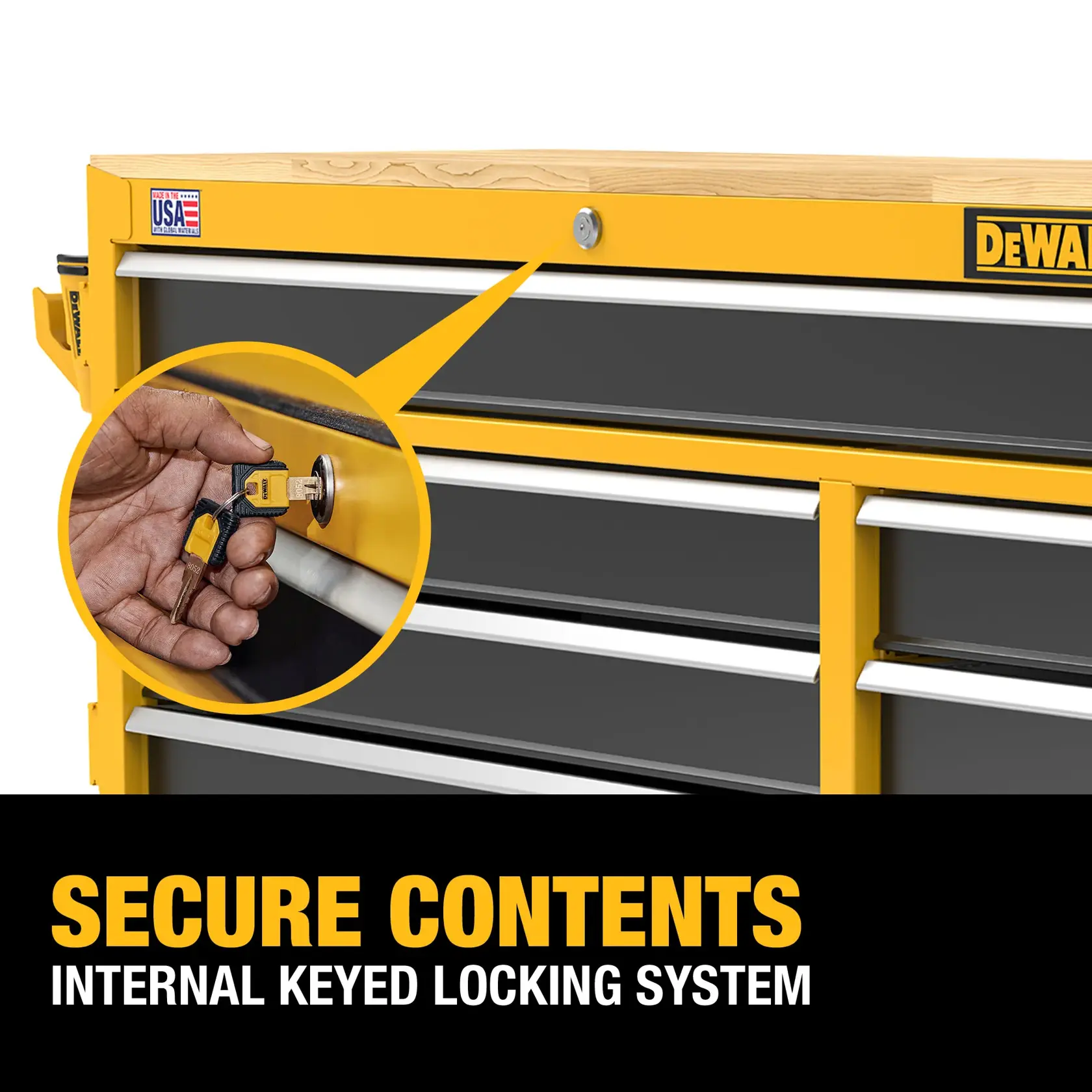 A DEWALT tool chest with a close-up of a hand inserting a key into its locking mechanism, highlighting the internal keyed locking system for secure contents.