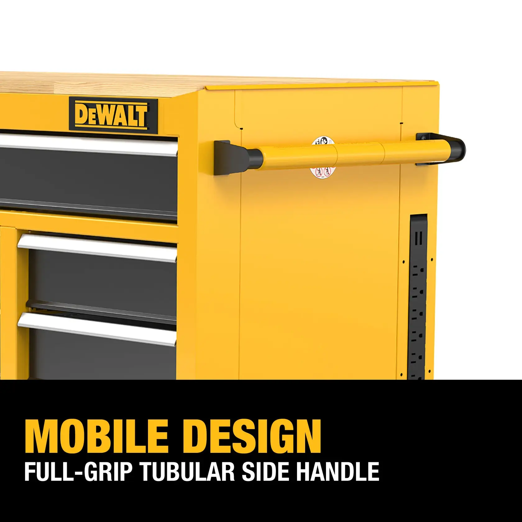 Close-up of a DEWALT yellow tool chest showing a full-grip tubular side handle and a set of drawers. The image highlights its mobile design feature.