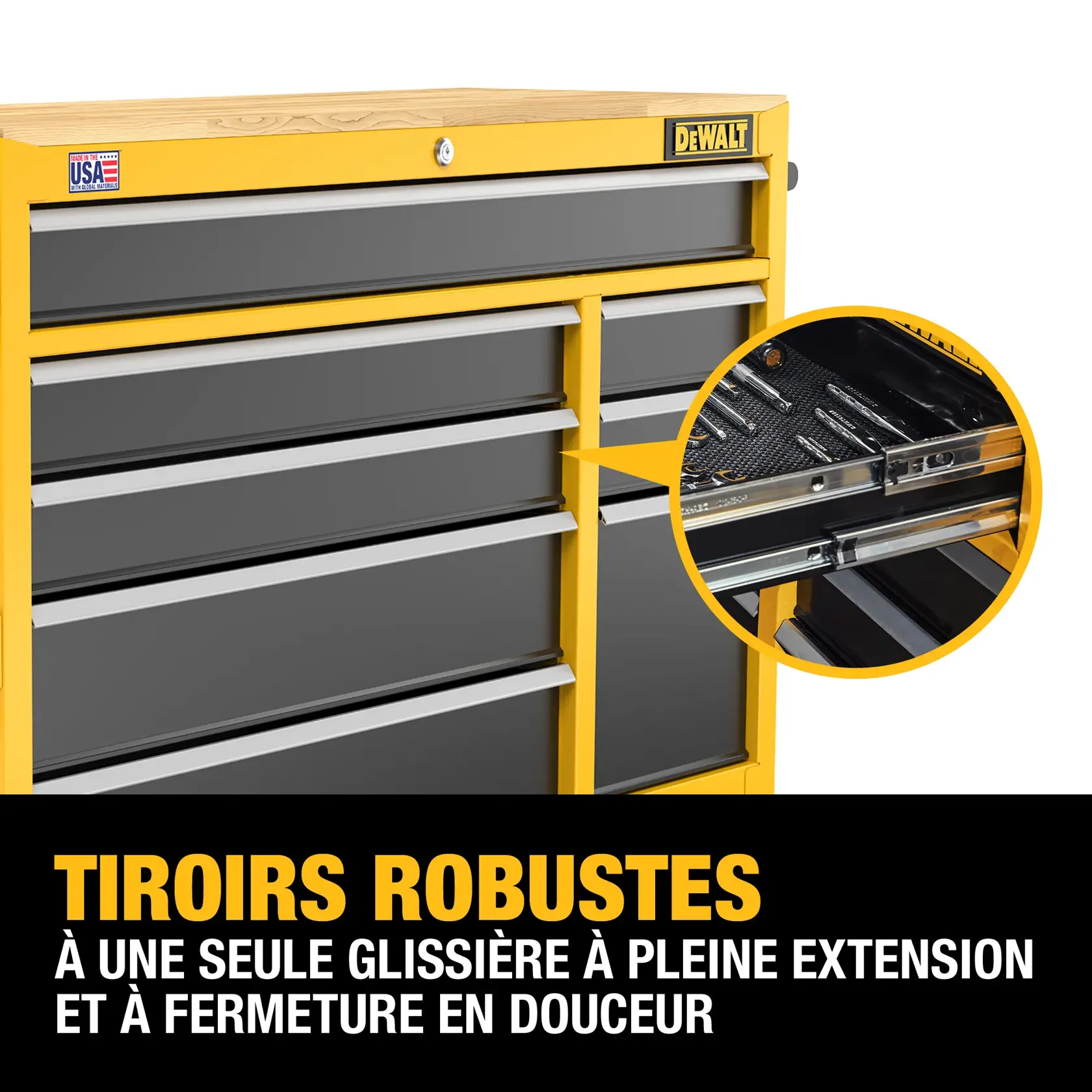 Image of a DEWALT heavy-duty tool chest with multiple gray drawers and a yellow frame. A close-up inset shows the full-extension soft-close, ball-bearing drawer slides. Text highlights the features of the heavy-duty drawers.