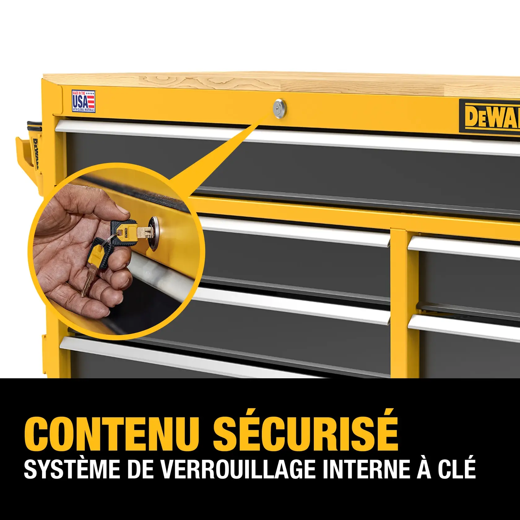 A DEWALT tool chest with a close-up of a hand inserting a key into its locking mechanism, highlighting the internal keyed locking system for secure contents.