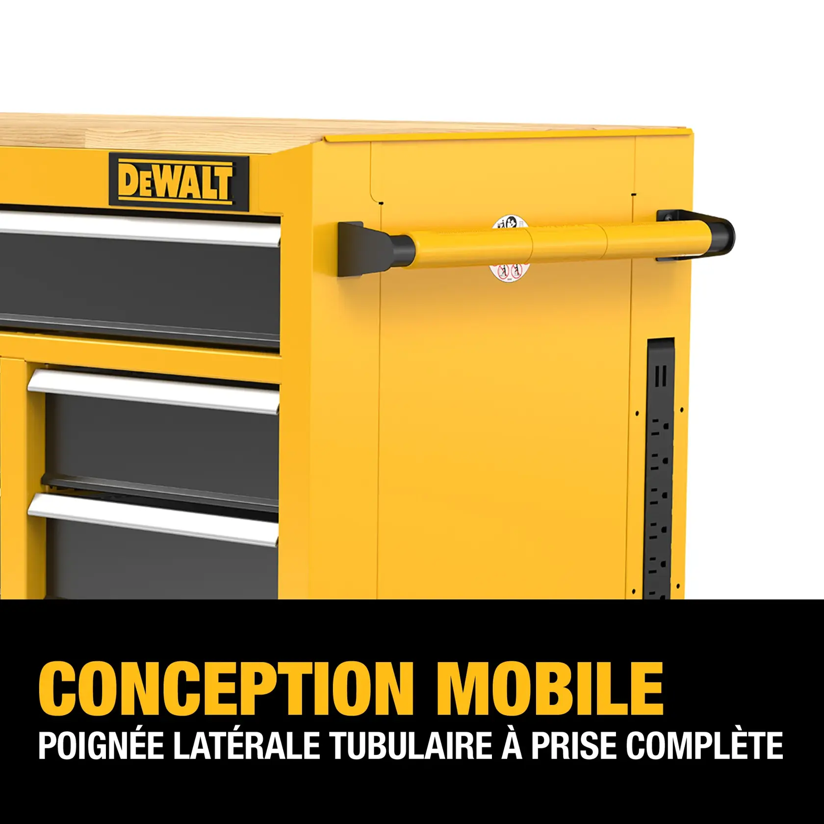 Close-up of a DEWALT yellow tool chest showing a full-grip tubular side handle and a set of drawers. The image highlights its mobile design feature.