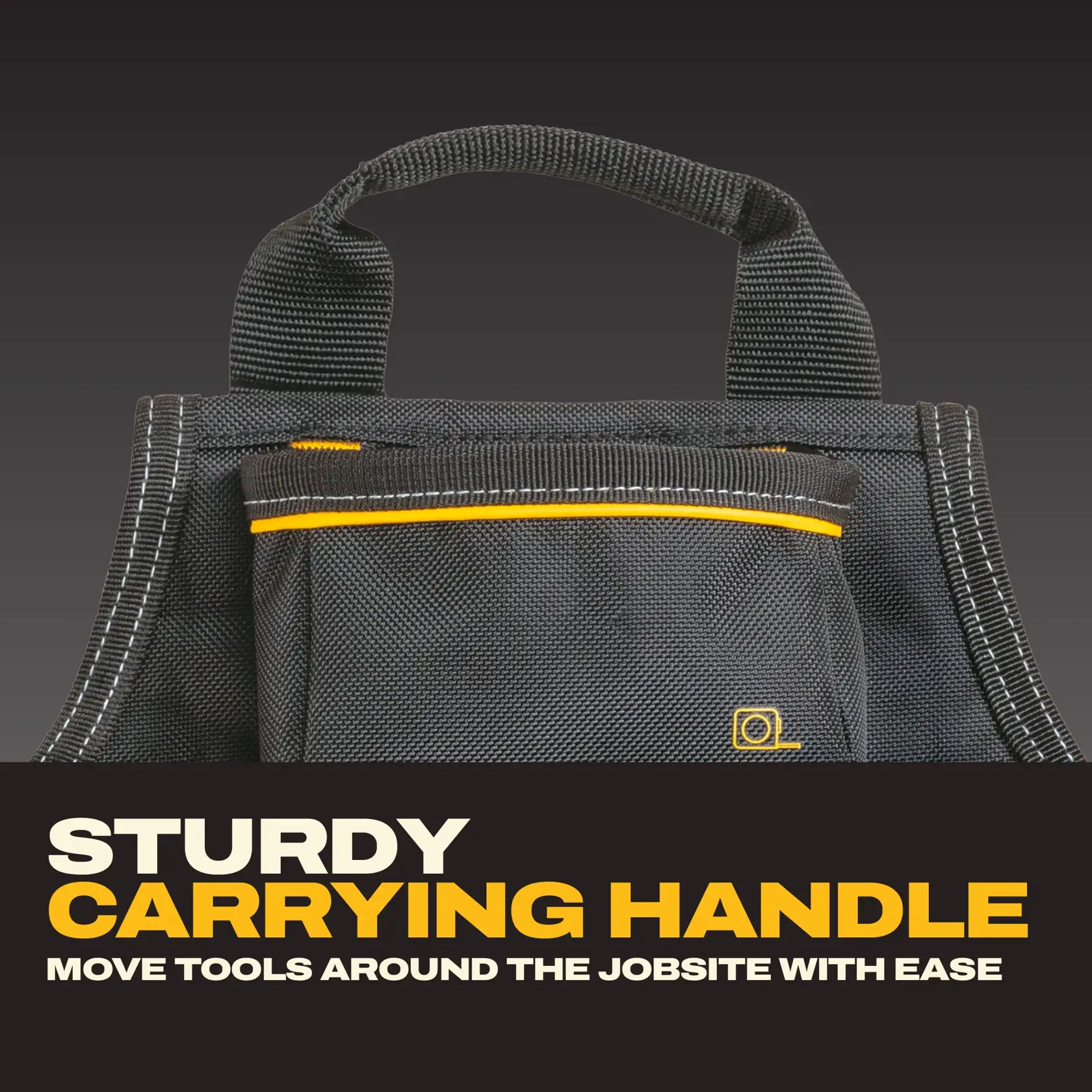 Close-up image of a DEWALT tool bag highlighting its sturdy carrying handle. The bag is black with yellow accents, and the text emphasizes moving tools easily around a jobsite.