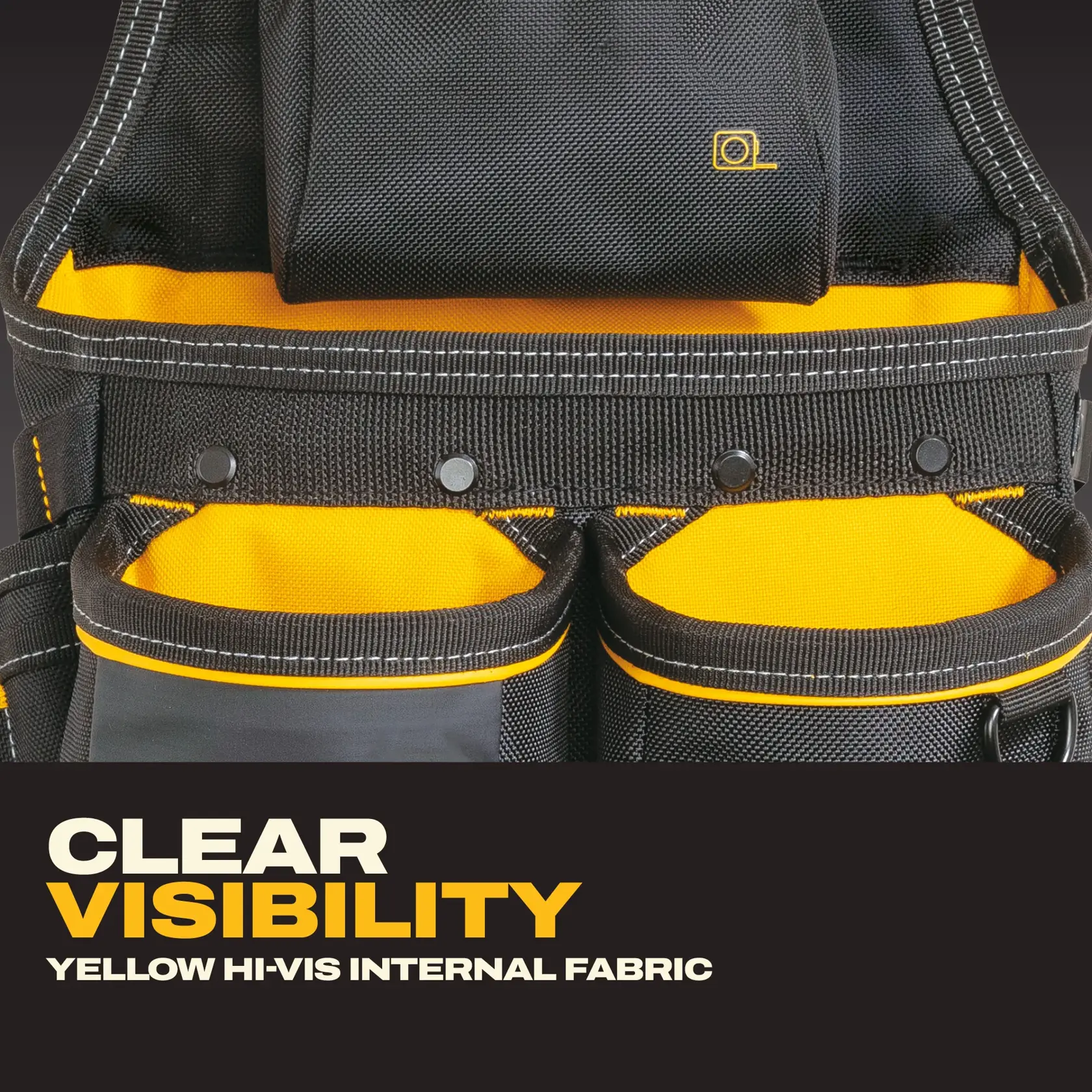 Close-up image of a DEWALT tool pouch featuring yellow high-visibility internal fabric for clear visibility, with several pockets and reinforced black edging. Text overlay reads: 'CLEAR VISIBILITY - YELLOW HI-VIS INTERNAL FABRIC.'