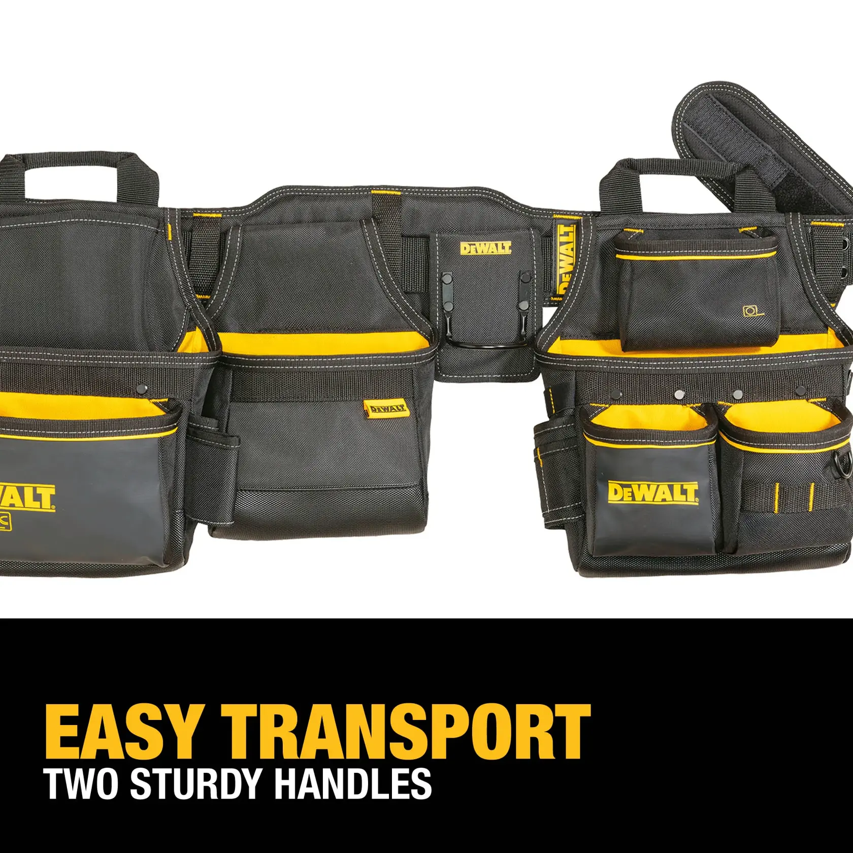 DEWALT tool belt with multiple pockets and compartments, featuring two sturdy handles for easy transport. The belt is black with yellow accents and branded logos.