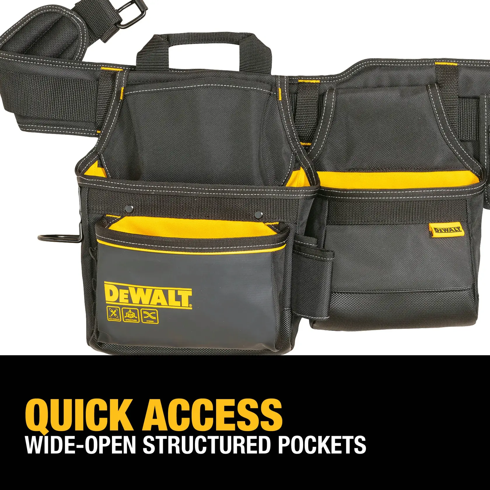 A DEWALT branded tool pouch belt with multiple wide, structured pockets for quick access, made of black and yellow durable material. The text below reads 'Quick Access Wide-Open Structured Pockets.'
