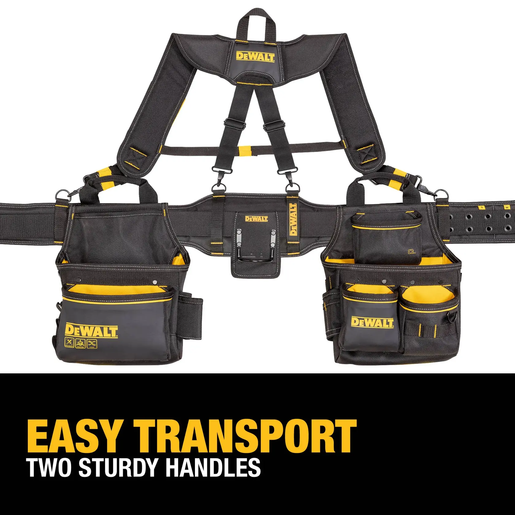 DEWALT branded tool belt and harness set with multiple pouches and two sturdy handles for easy transport, shown on a white background with the text 'EASY TRANSPORT TWO STURDY HANDLES' displayed below.