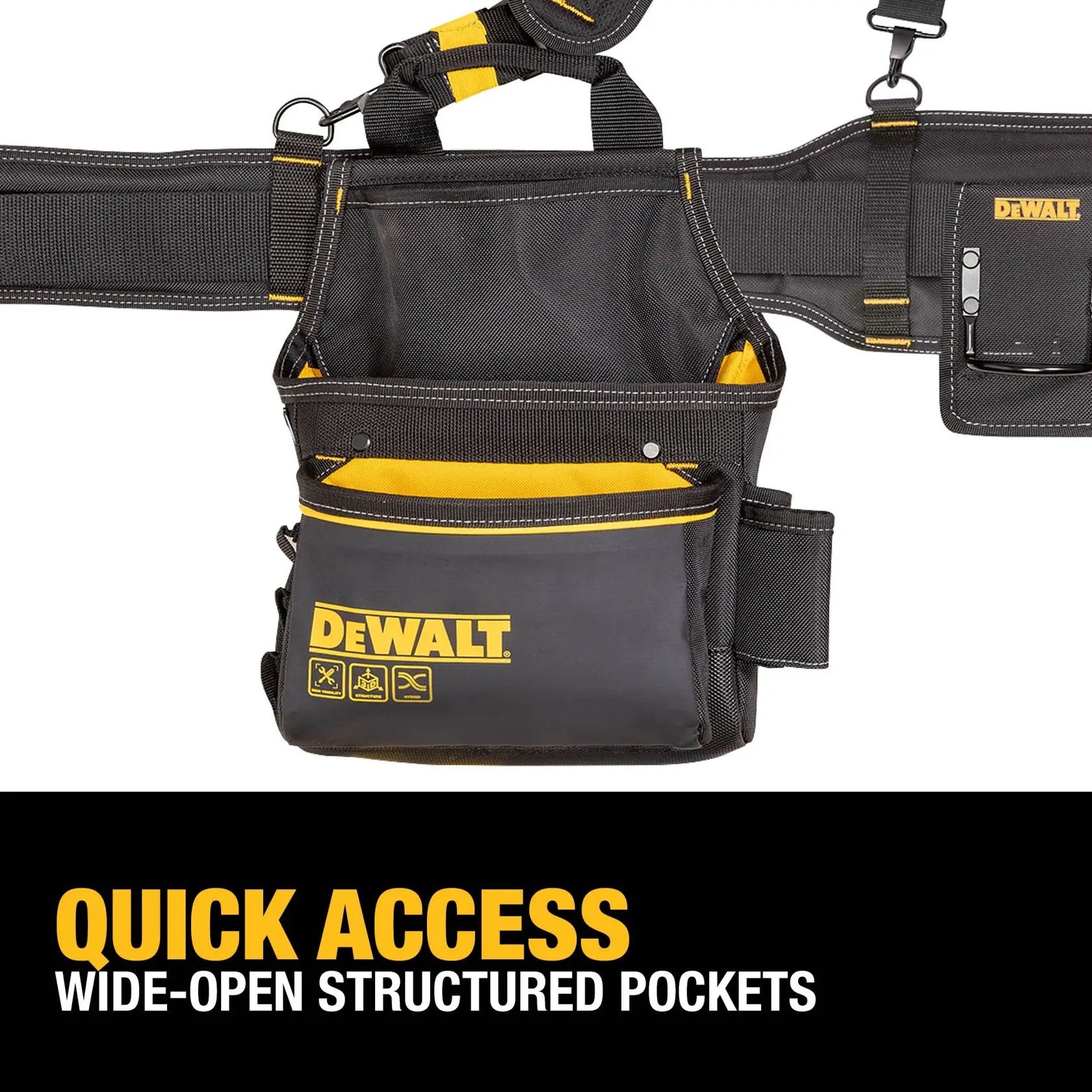 A DEWALT tool belt with multiple wide-open structured pockets for quick access, shown with black and yellow colors. The belt features the DEWALT logo and various compartments for organizing tools and accessories. The text reads: 'Quick Access Wide-Open Structured Pockets.'