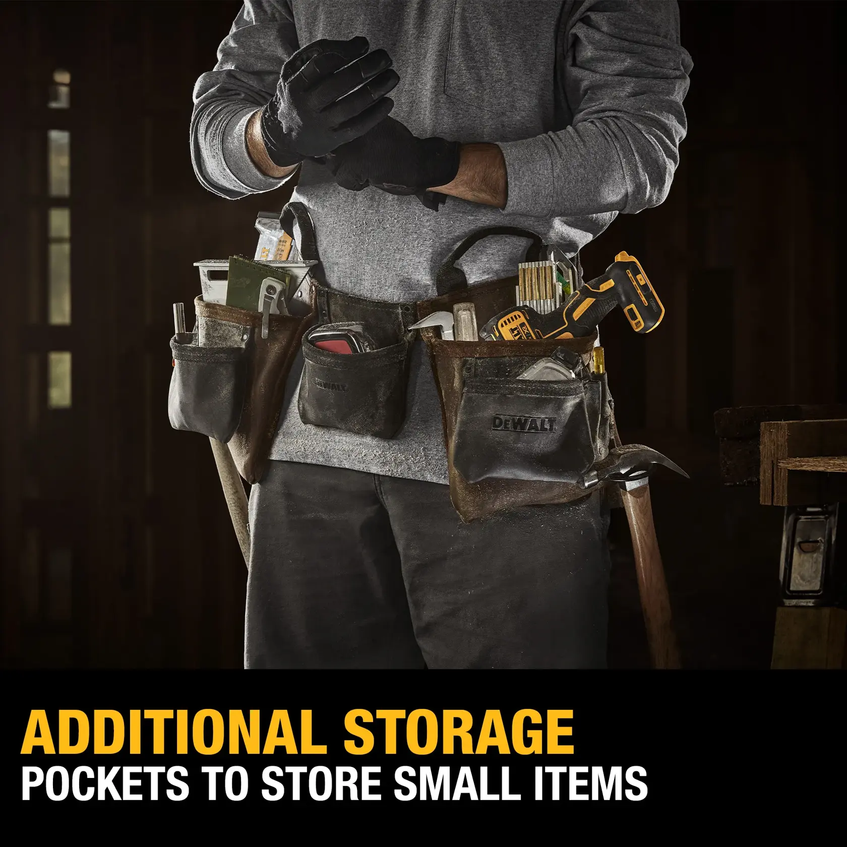 A person wearing a DEWALT tool belt with multiple pockets, filled with various tools and small items, demonstrating additional storage capacity. The text at the bottom reads: 'ADDITIONAL STORAGE: POCKETS TO STORE SMALL ITEMS.'