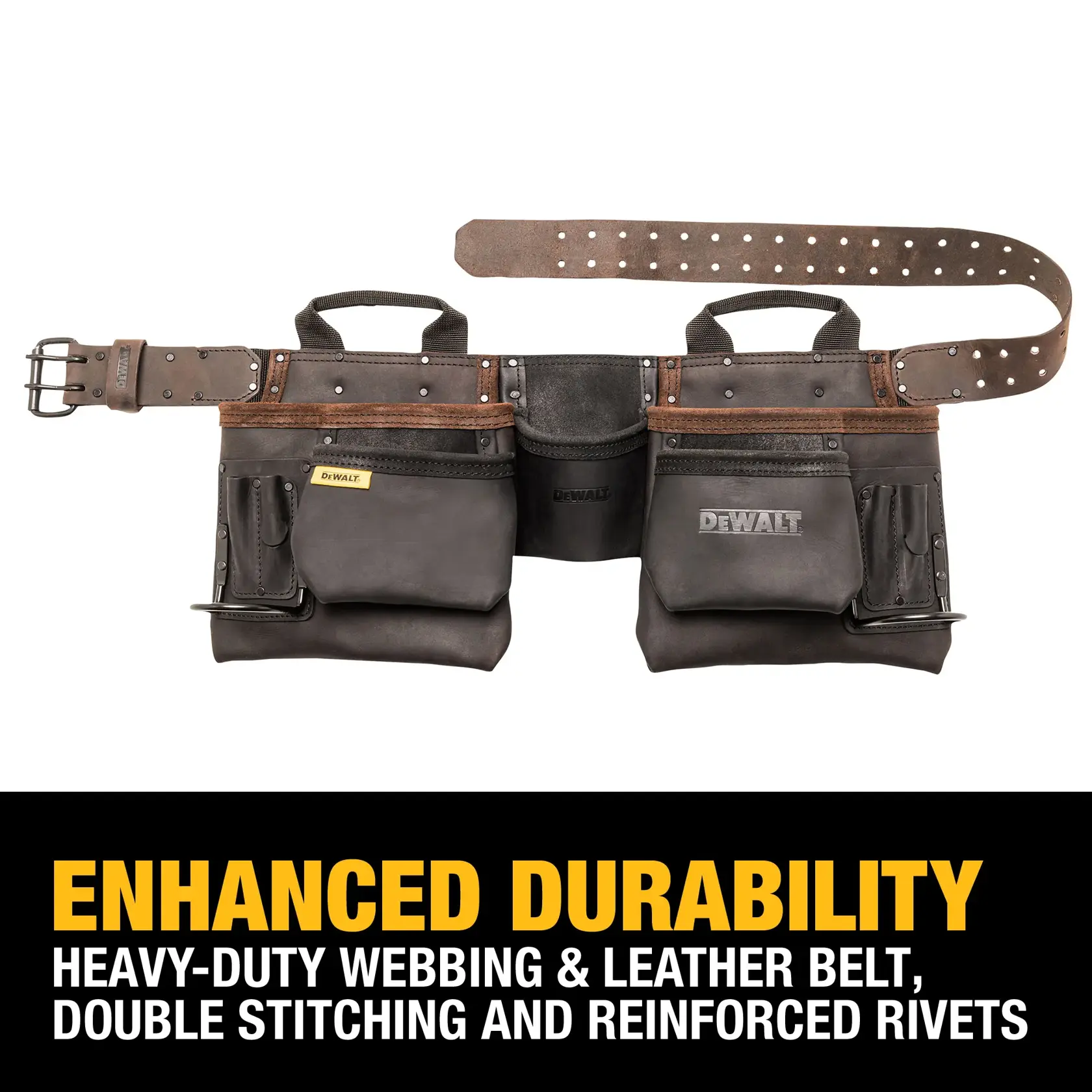 A DEWALT branded leather tool belt with multiple pockets and reinforced rivets is displayed. The belt features heavy-duty webbing, double stitching, and a sturdy buckle. Text below reads: 'Enhanced durability. Heavy-duty webbing & leather belt, double stitching and reinforced rivets.'