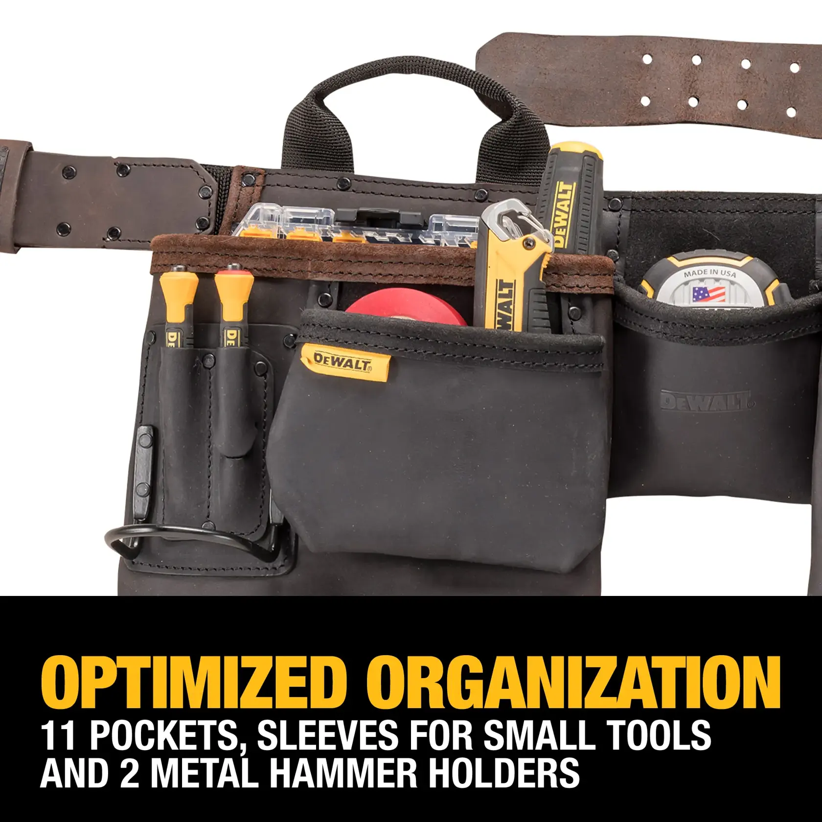 A DEWALT tool belt with multiple pockets and sleeves for small tools, including screwdrivers, a tape measure, and a utility knife. The belt is designed for optimized organization with 11 pockets and 2 metal hammer holders. Promotional text at the bottom highlights these features.