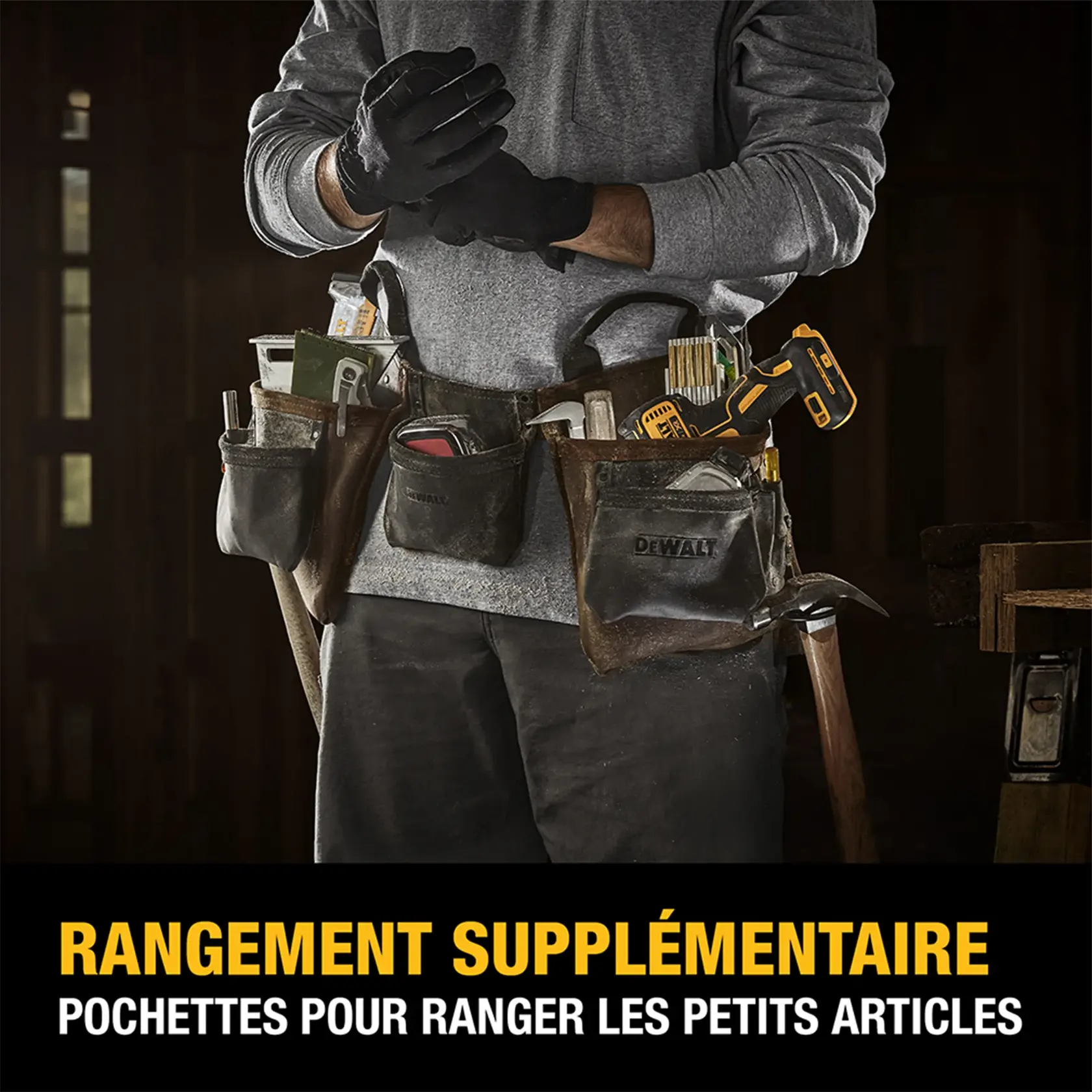 A person wearing a DEWALT tool belt with multiple pockets, filled with various tools and small items, demonstrating additional storage capacity. The text at the bottom reads: 'ADDITIONAL STORAGE: POCKETS TO STORE SMALL ITEMS.'