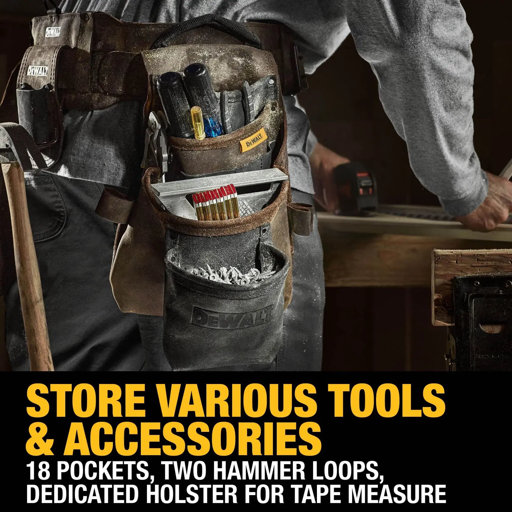 A person wearing a DEWALT tool belt with multiple pockets and compartments, holding various tools and accessories. The image highlights features such as 18 pockets, two hammer loops, and a dedicated tape measure holster.