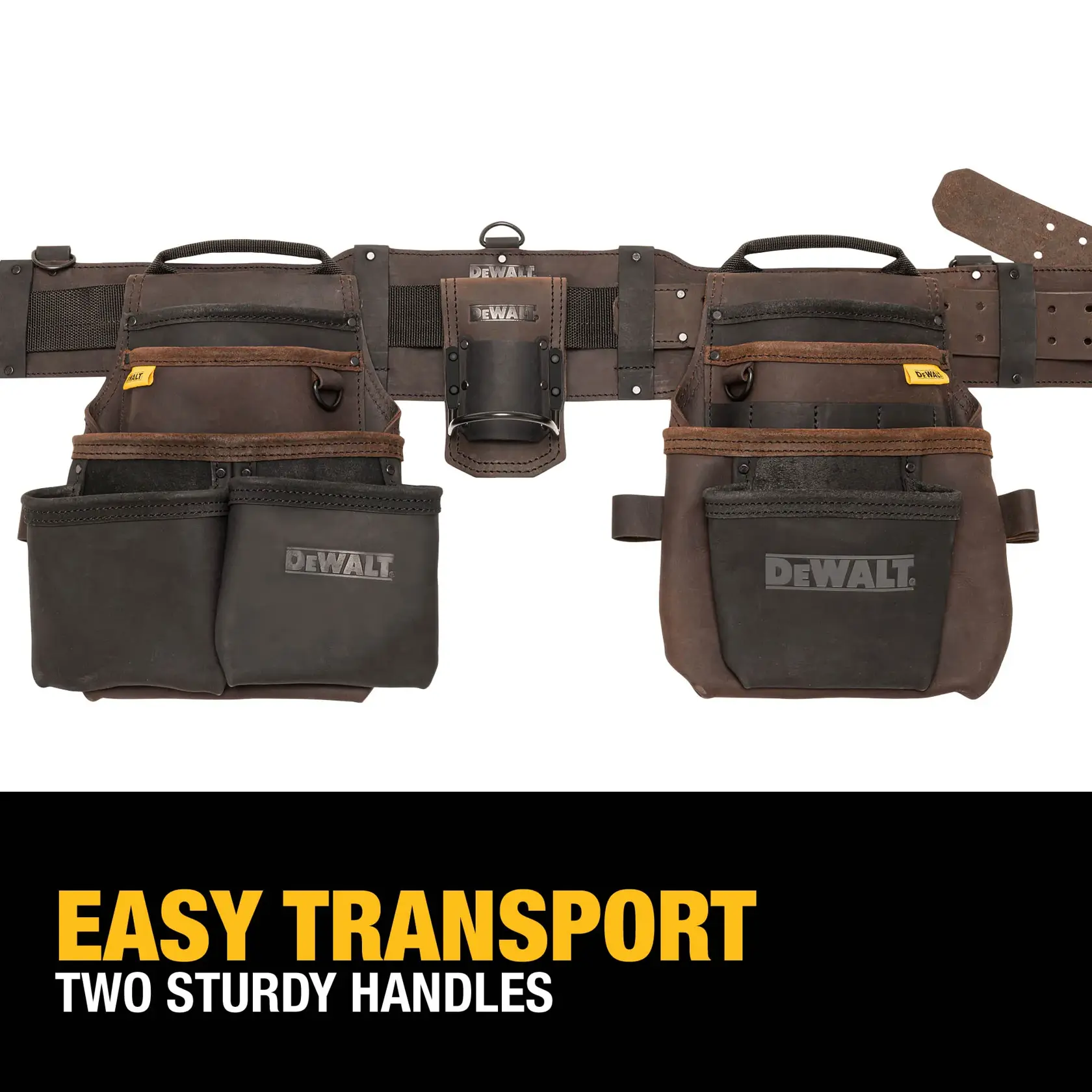 DEWALT tool belt with multiple brown and black pouches and two sturdy handles for easy transport. The belt also includes a central holder attached. Text below reads: 'Easy Transport. Two Sturdy Handles.'
