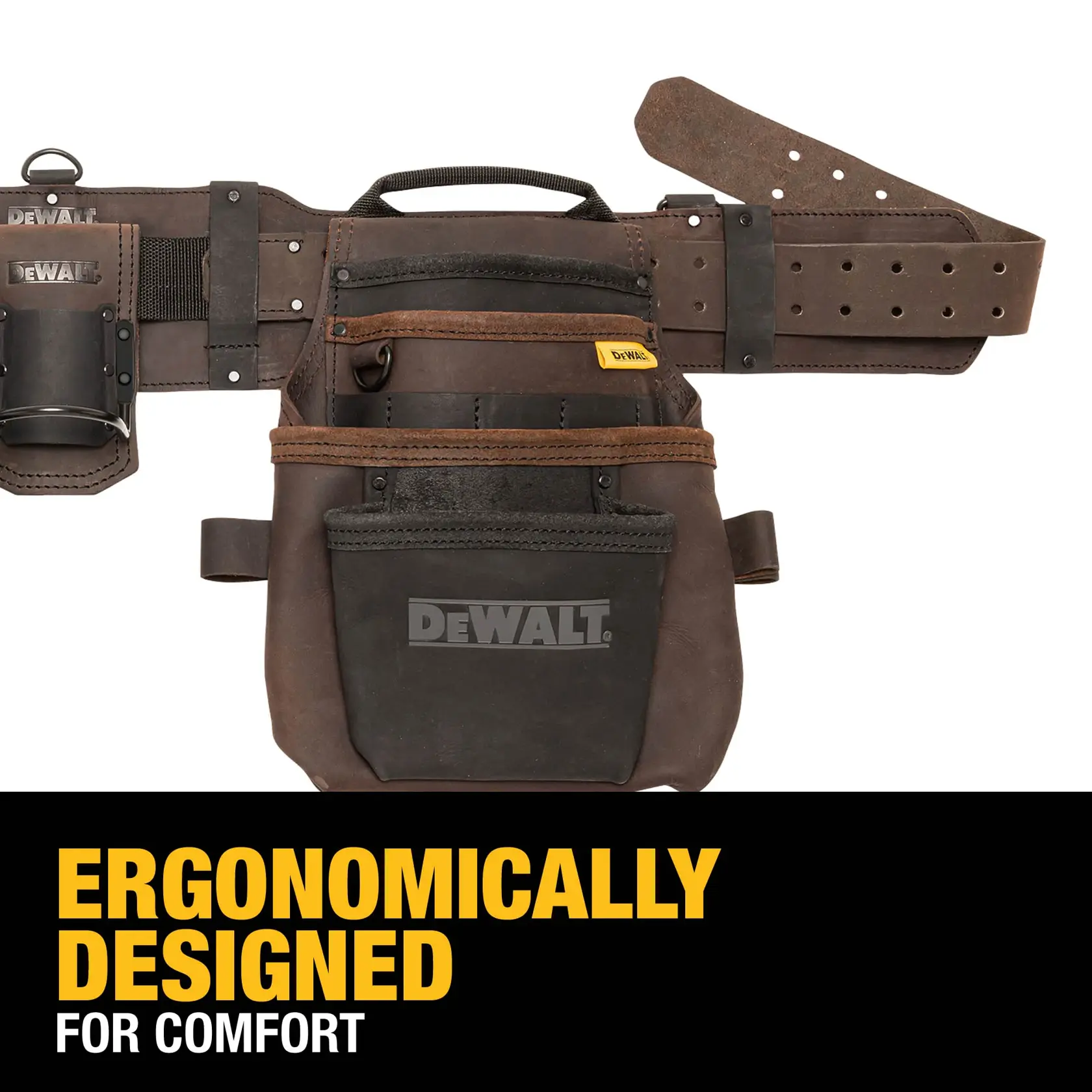 A DEWALT tool belt made of brown and black leather with multiple pockets and holders, designed for ergonomic comfort. Text below reads 'Ergonomically Designed for Comfort'.