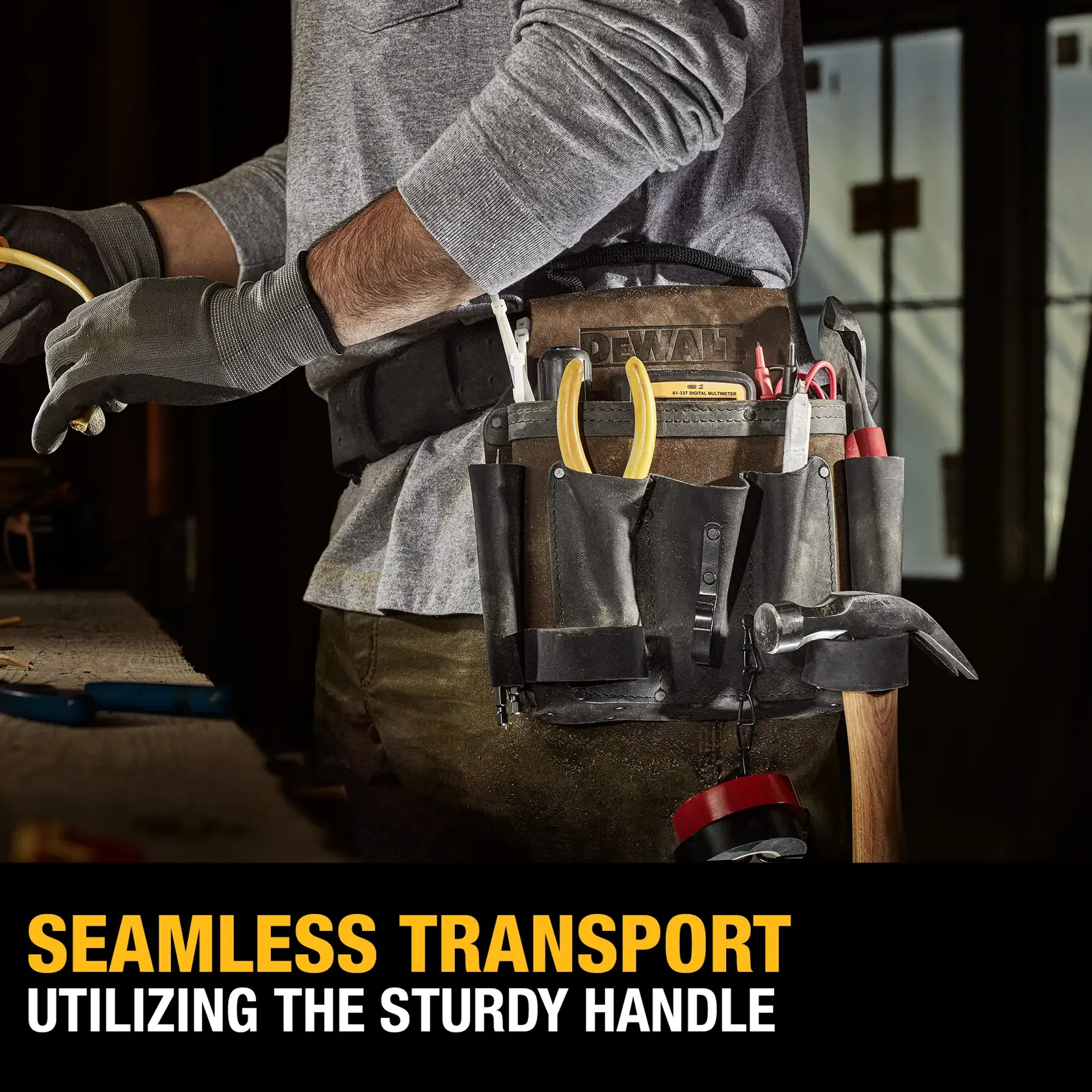 A person wearing a DEWALT tool belt loaded with various tools, including pliers, a hammer, screwdrivers, and measuring tape. The image highlights the tool belt's sturdy handle for easy transport. Text on the image reads: 'Seamless Transport. Utilizing the Sturdy Handle.'