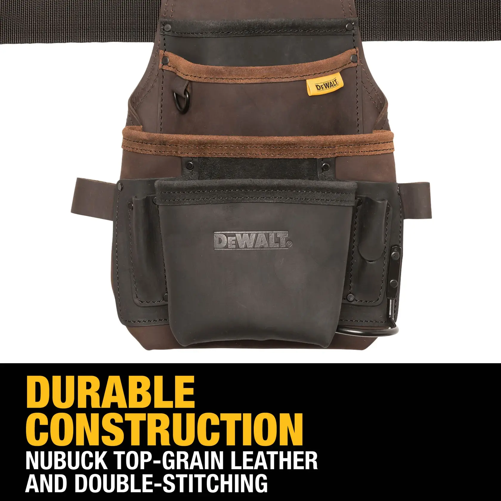 DEWALT tool pouch made from nubuck top-grain leather with double-stitching, shown against a white background with text highlighting durable construction.