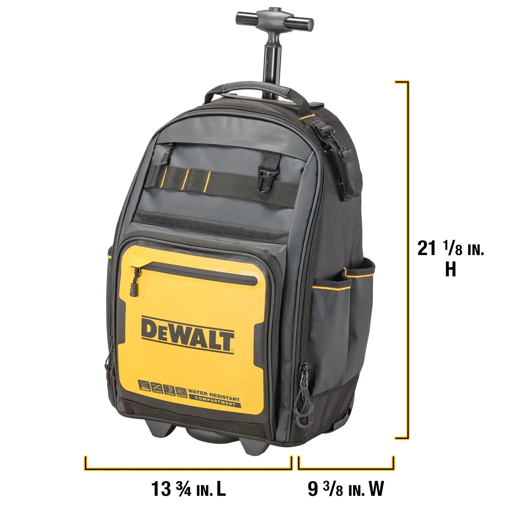 A person is holding a DEWALT tool backpack with multiple compartments and pockets, including a yellow front pocket displaying the DEWALT logo. The backpack is filled with various tools and accessories. The image features text about optimizing storage with 46 pockets and compartments for drill and batteries.
