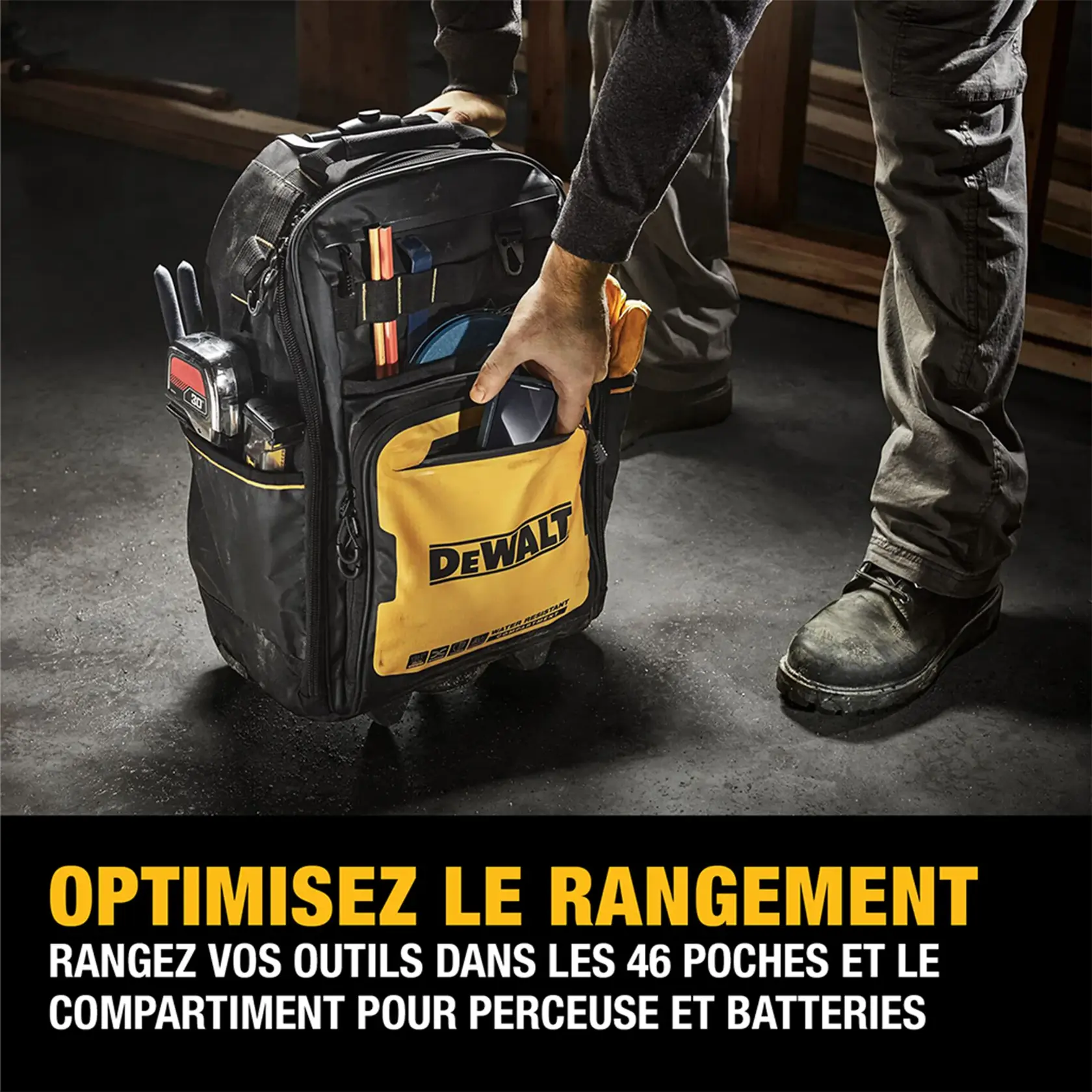 A person is holding a DEWALT tool backpack with multiple compartments and pockets, including a yellow front pocket displaying the DEWALT logo. The backpack is filled with various tools and accessories. The image features text about optimizing storage with 46 pockets and compartments for drill and batteries.