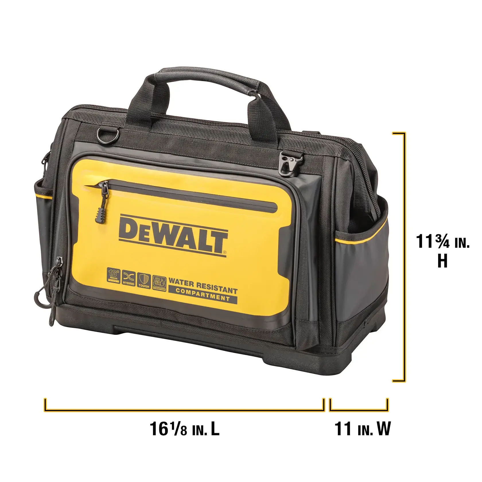 DEWALT black and yellow tool bag with handles, labeled as having a water resistant compartment. The bag's dimensions are shown: 16 and 1/8 inches long, 11 inches wide, and 11 and 3/4 inches high.