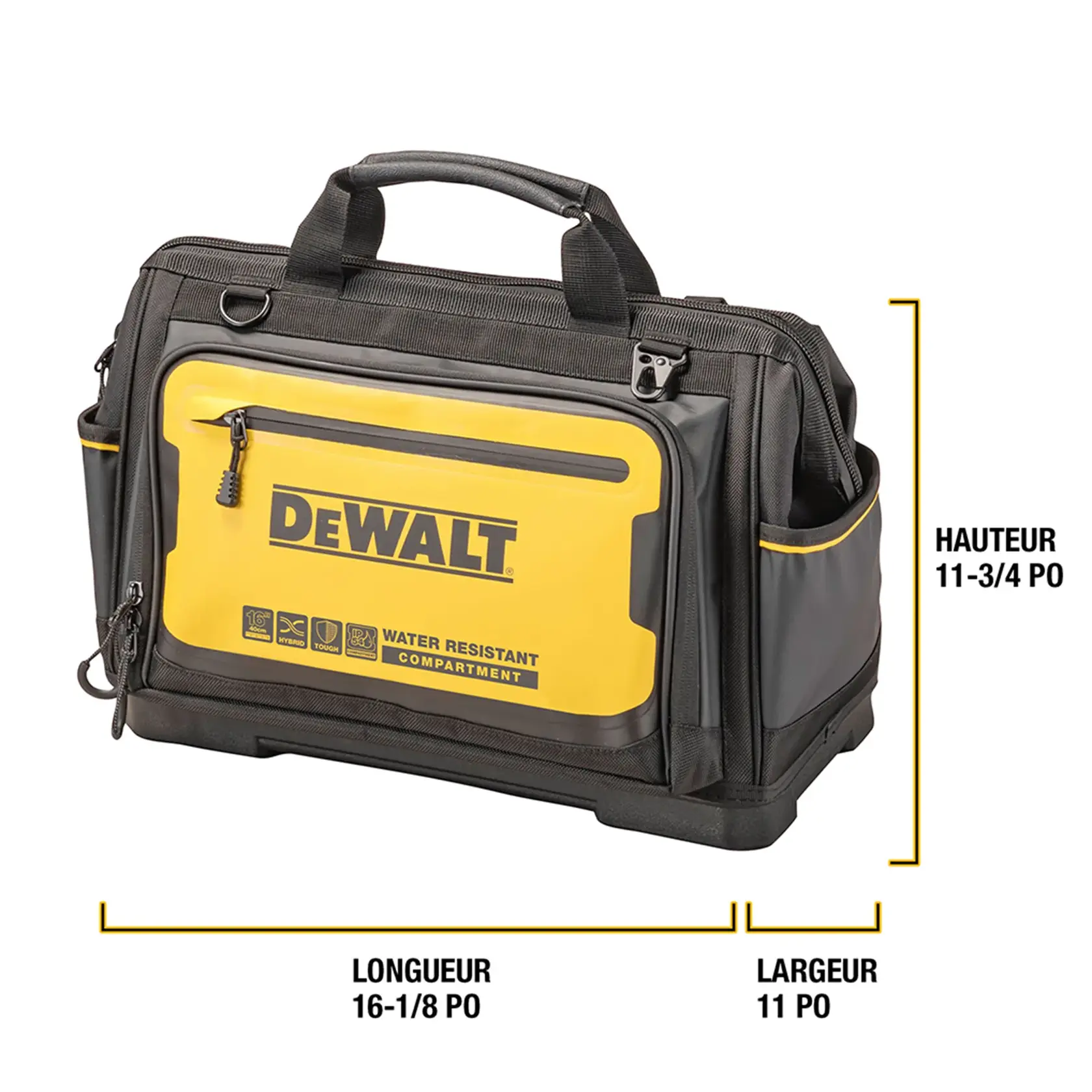 DEWALT black and yellow tool bag with handles, labeled as having a water resistant compartment. The bag's dimensions are shown: 16 and 1/8 inches long, 11 inches wide, and 11 and 3/4 inches high.
