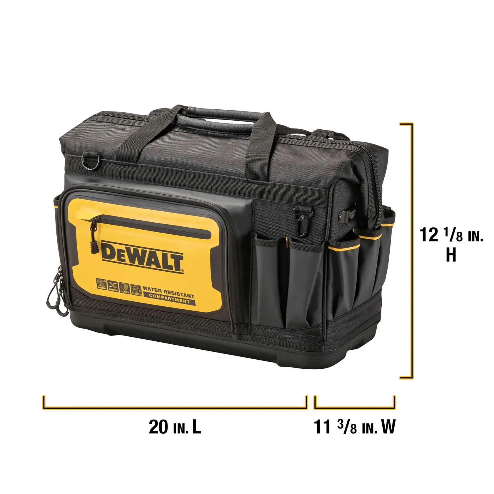 A DEWALT black and yellow tool bag with multiple exterior pockets and a water-resistant front compartment. The bag is shown with dimensions: 20 inches long, 11 3/8 inches wide, and 12 1/8 inches high.
