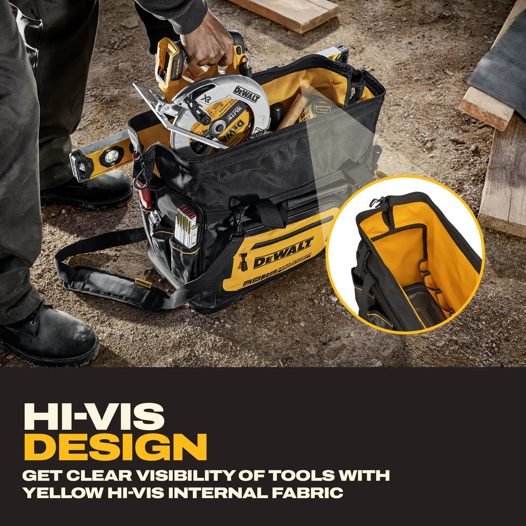 DEWALT tool bag with yellow hi-vis interior fabric for easy visibility of tools at a worksite.