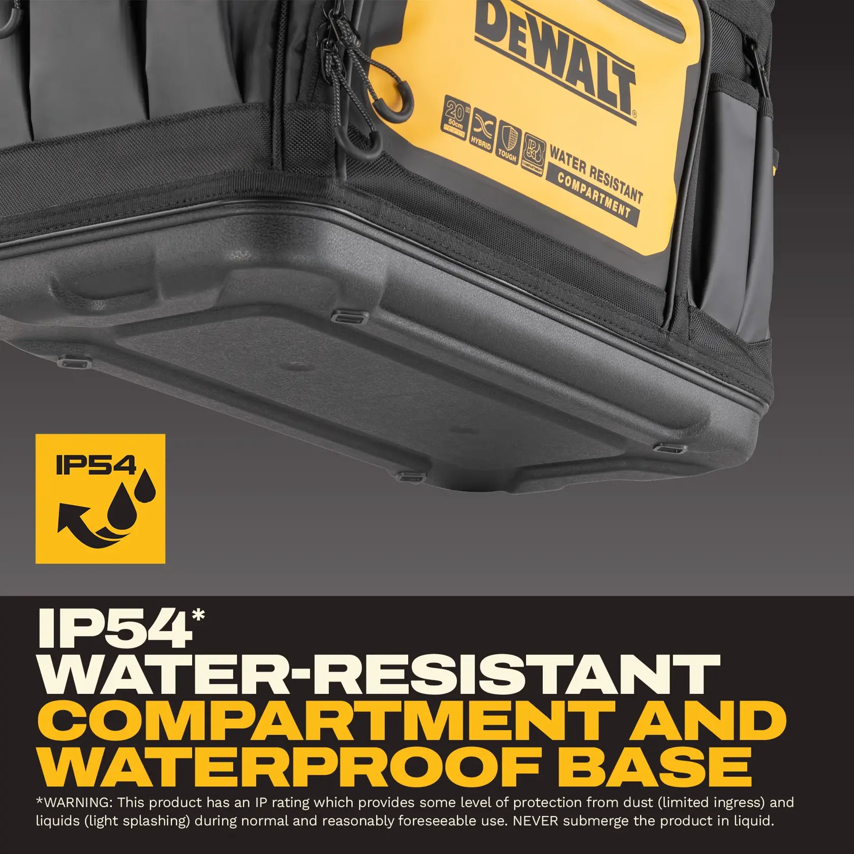 DEWALT bag with IP54 water-resistant compartment and waterproof base, shown with yellow and black branding.