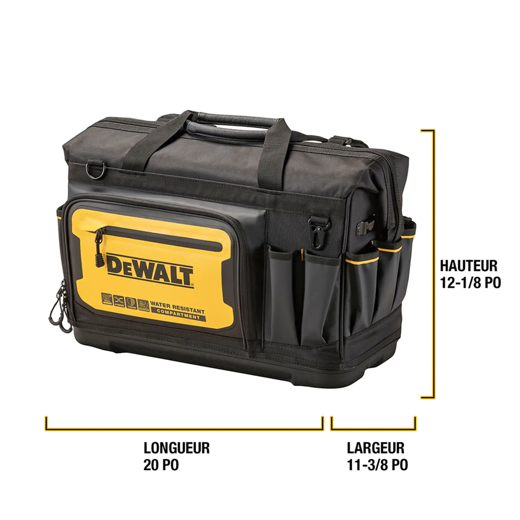 A DEWALT black and yellow tool bag with multiple exterior pockets and a water-resistant front compartment. The bag is shown with dimensions: 20 inches long, 11 3/8 inches wide, and 12 1/8 inches high.