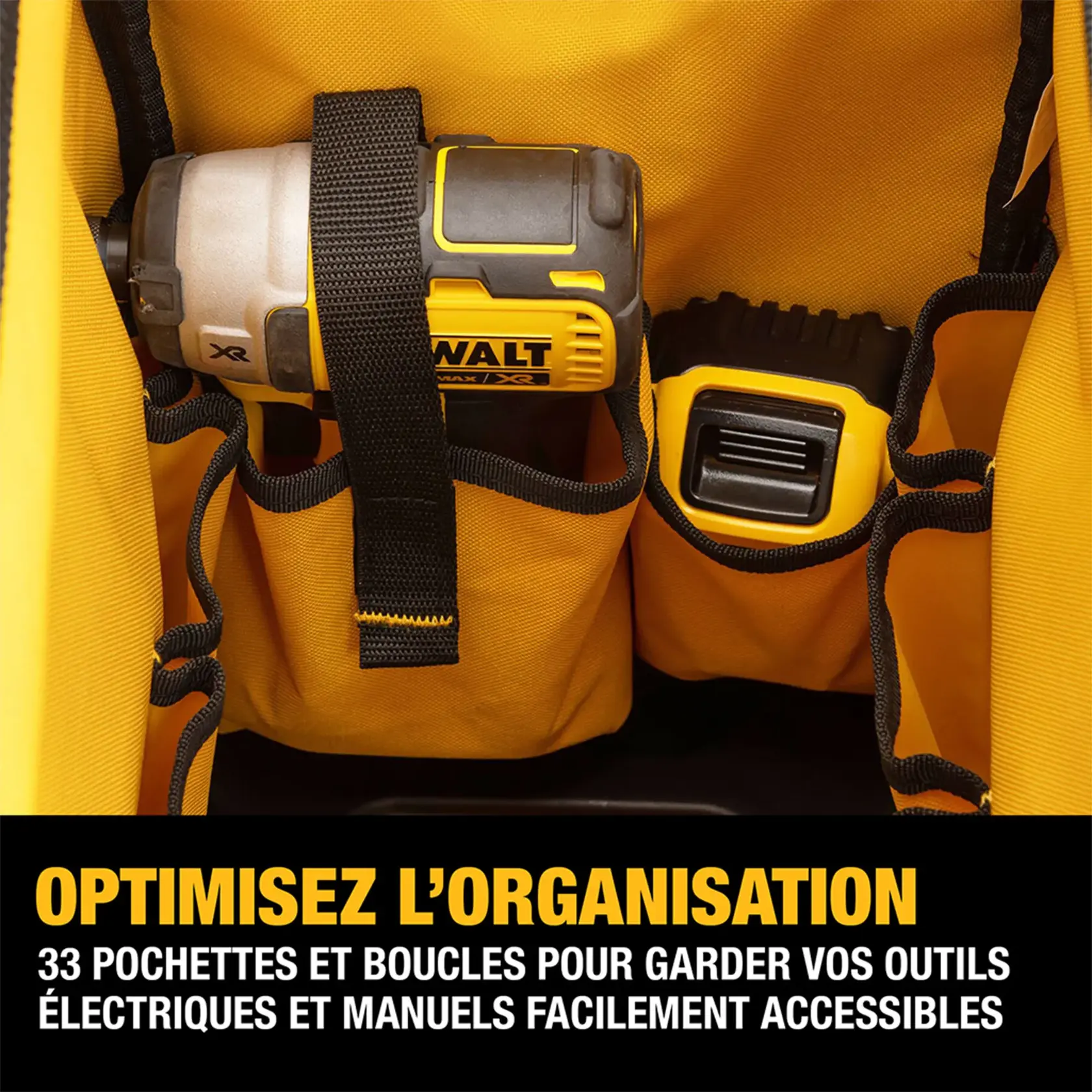 Close-up of a DEWALT tool bag showing dedicated pockets for a cordless drill and battery, with text stating the bag has 33 pockets for optimized organization.