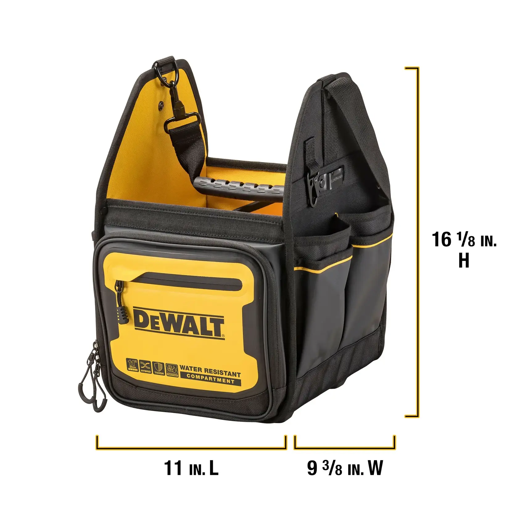 DEWALT tool bag with a water-resistant compartment, black and yellow color. The bag measures 16 1/8 inches in height, 11 inches in length, and 9 3/8 inches in width. Several external pockets, sturdy handle, and internal compartments are visible.