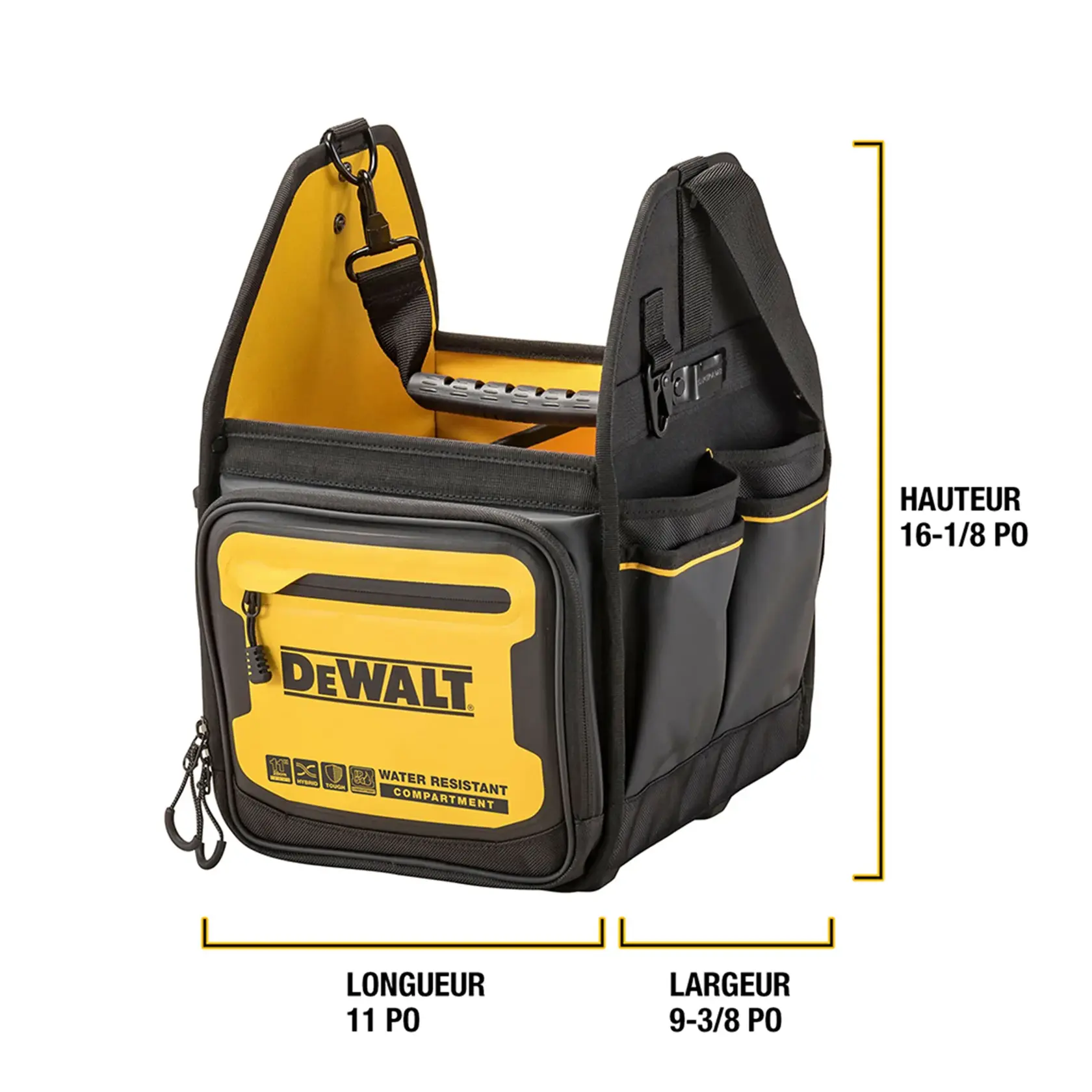 DEWALT tool bag with a water-resistant compartment, black and yellow color. The bag measures 16 1/8 inches in height, 11 inches in length, and 9 3/8 inches in width. Several external pockets, sturdy handle, and internal compartments are visible.