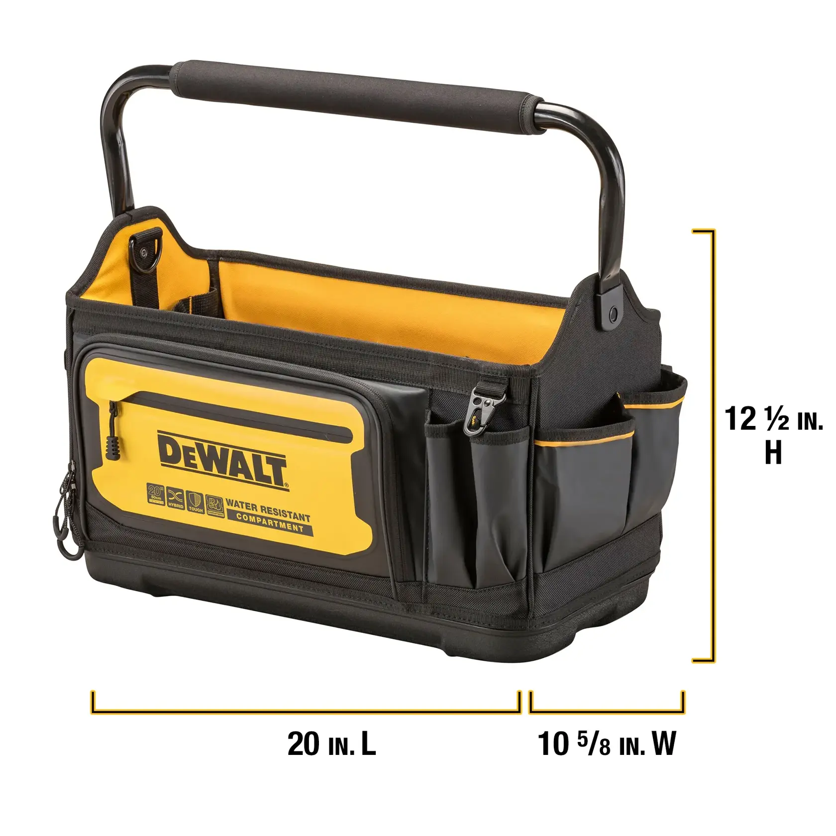 DEWALT tool bag with a sturdy metal handle, black and yellow color scheme, multiple external pockets, and a water-resistant compartment. Dimensions are labeled as 20 inches long, 10 5/8 inches wide, and 12 1/2 inches high.